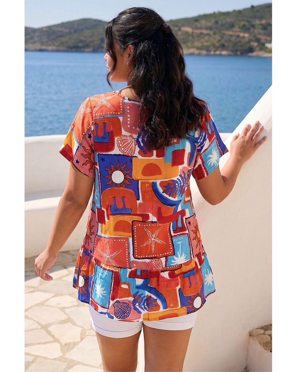 Roman Red Curve Leaf Print V-Neck Lace Top