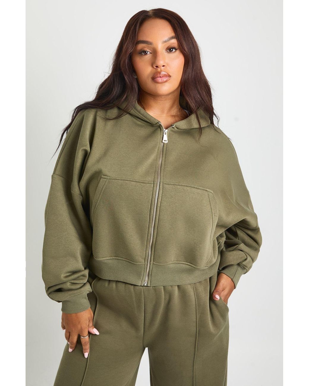 Boohoo Green Plus Core Basic Boxy Balloon Sleeve Oversized Zip Through Hoodie