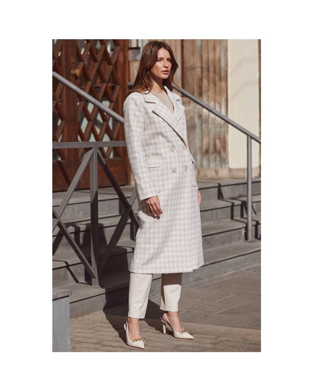 Sosandar Brown Natural Dogtooth Print Longline Coat