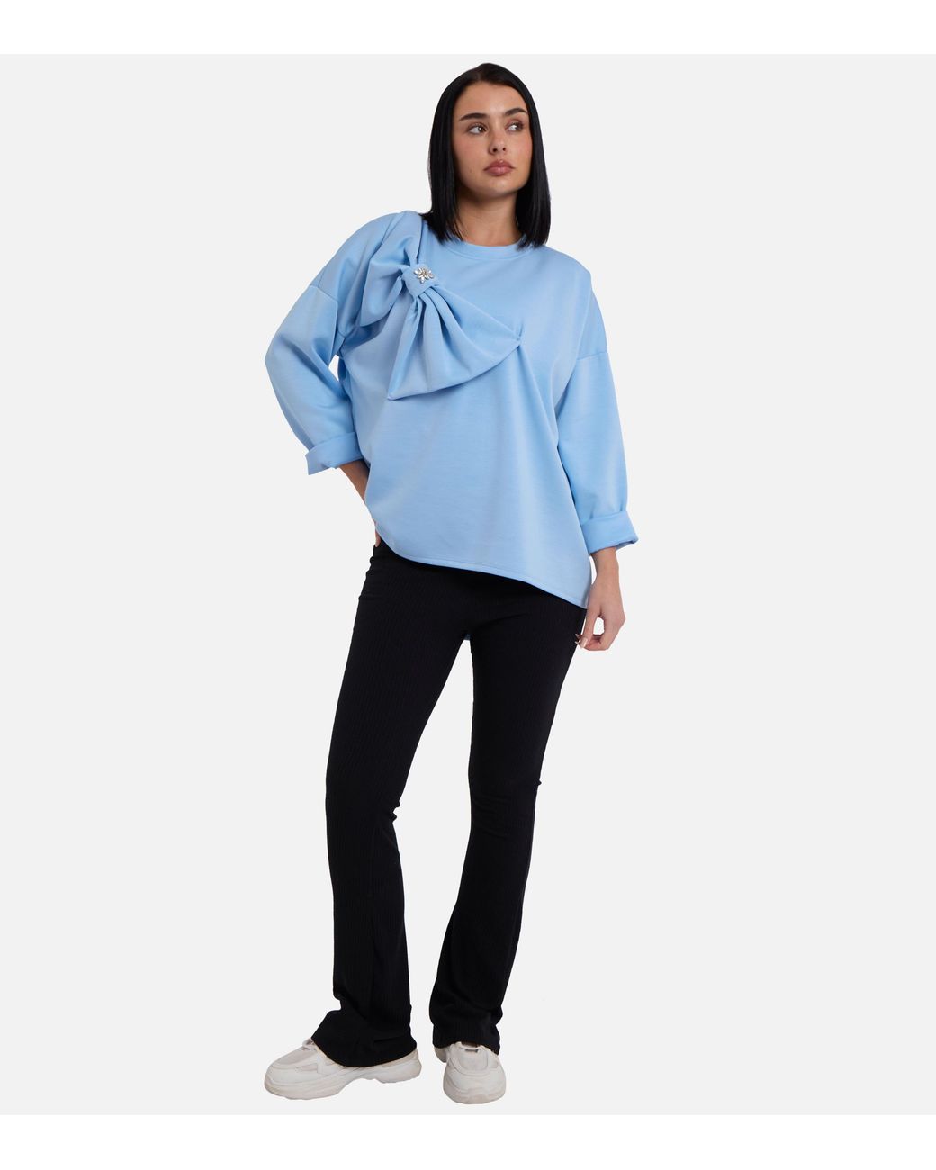 Gini London Blue Side Contrast Bow Oversized Jumper Top