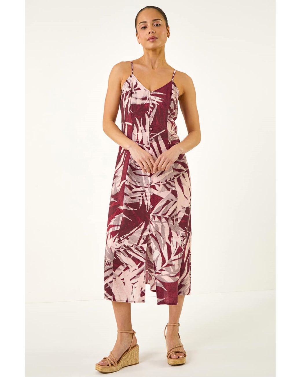 Roman Red Petite Leaf Print Button Midi Dress