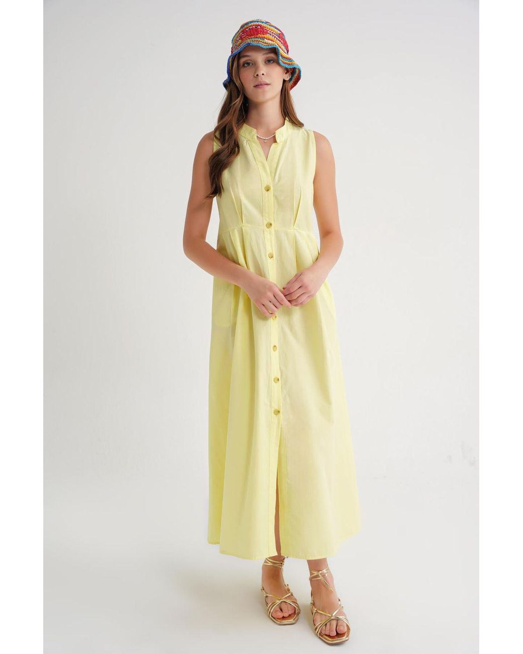 MixRay Yellow Buttoned Tippet Collar Maxi Dress