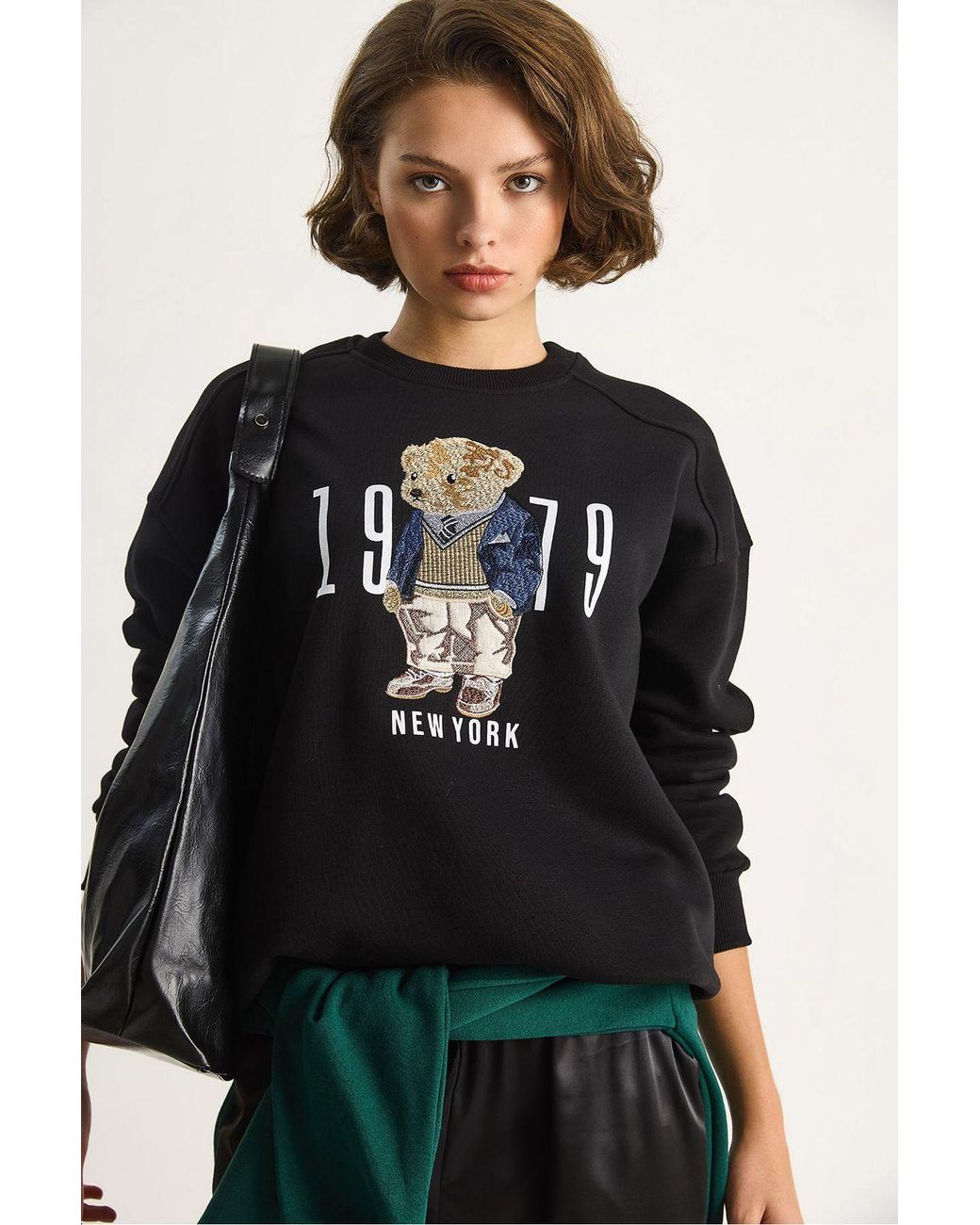 Bianco Lucci Black Relaxed Fit Printed Crew Neck Sweatshirt