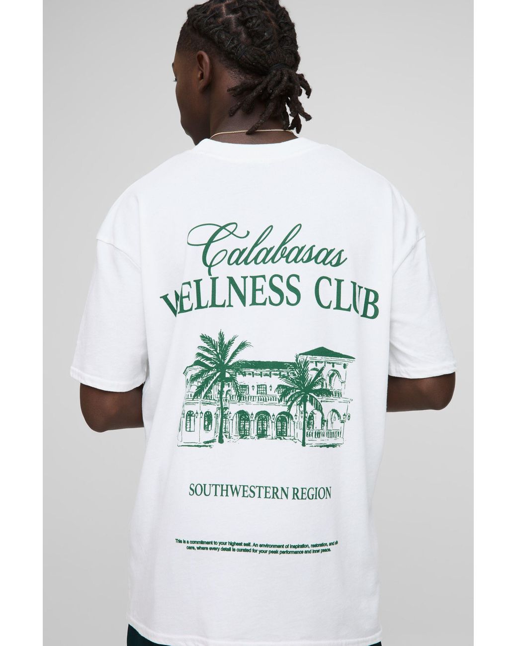 BoohooMAN White Oversized Extended Neck Calabasas Wellness Club T-shirt for men