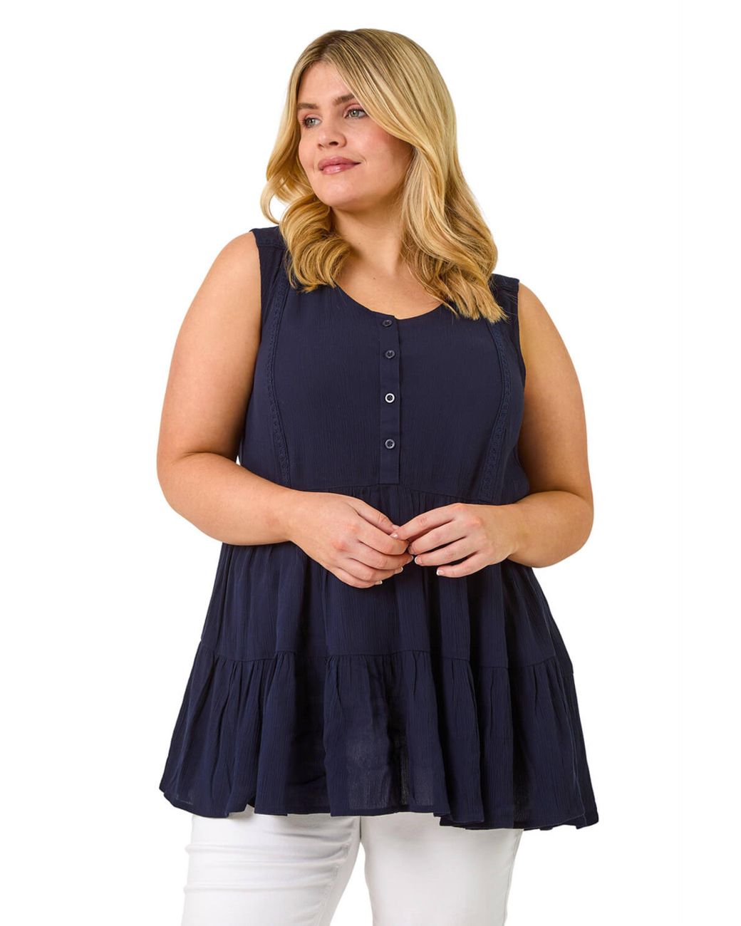 Roman Blue Curve Lace Woven Button Vest