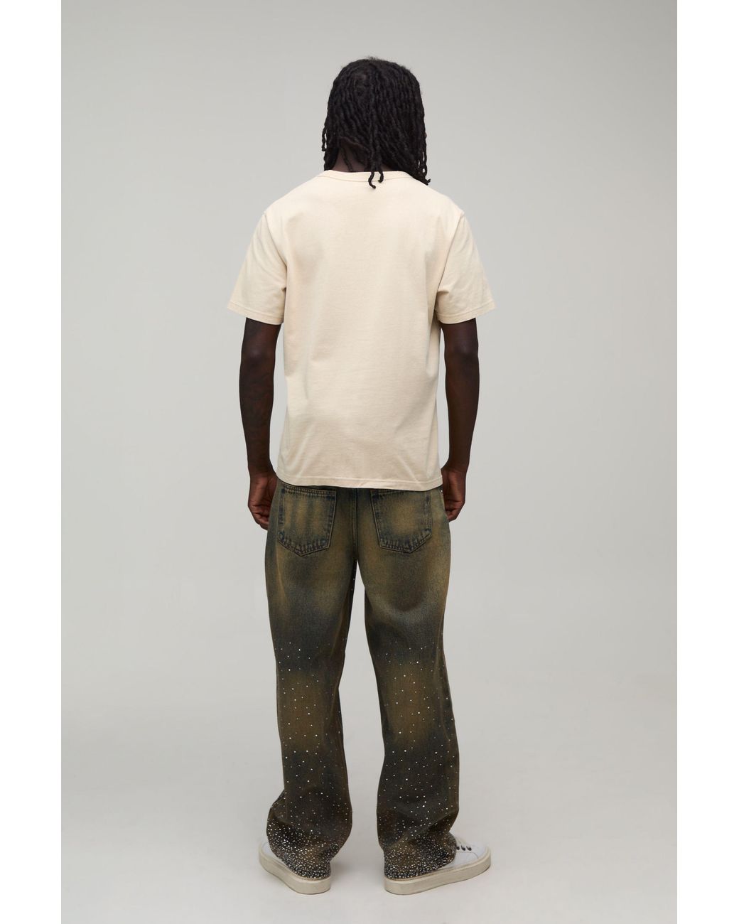 BoohooMAN Green Clustered Rhinestone Tinted Relaxed Fit Jeans for men