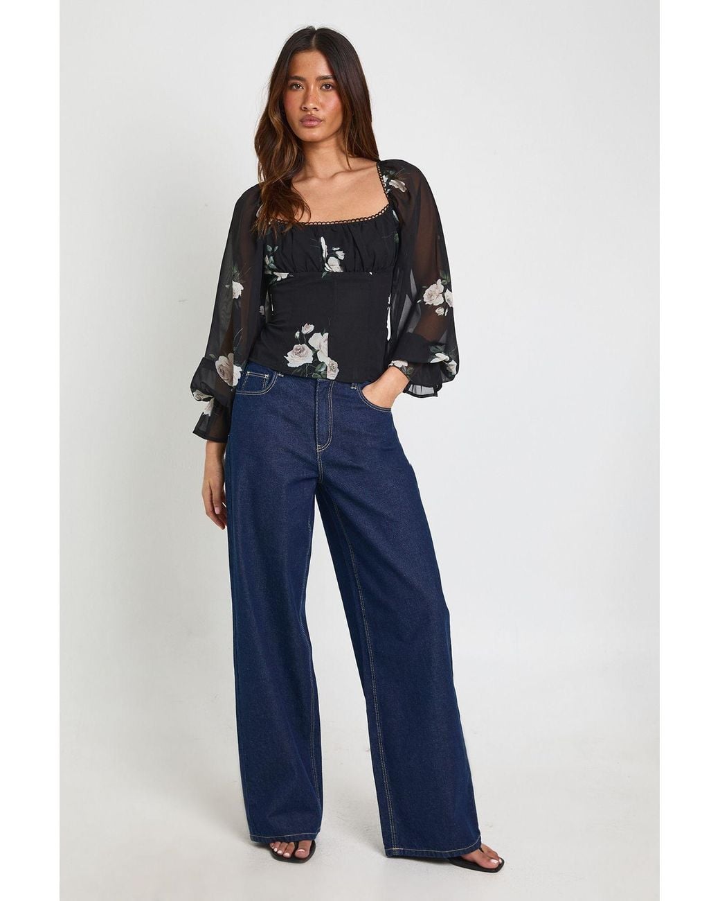 Boohoo Black Blurred Floral Print Ruched Corset Bust Woven Blouse