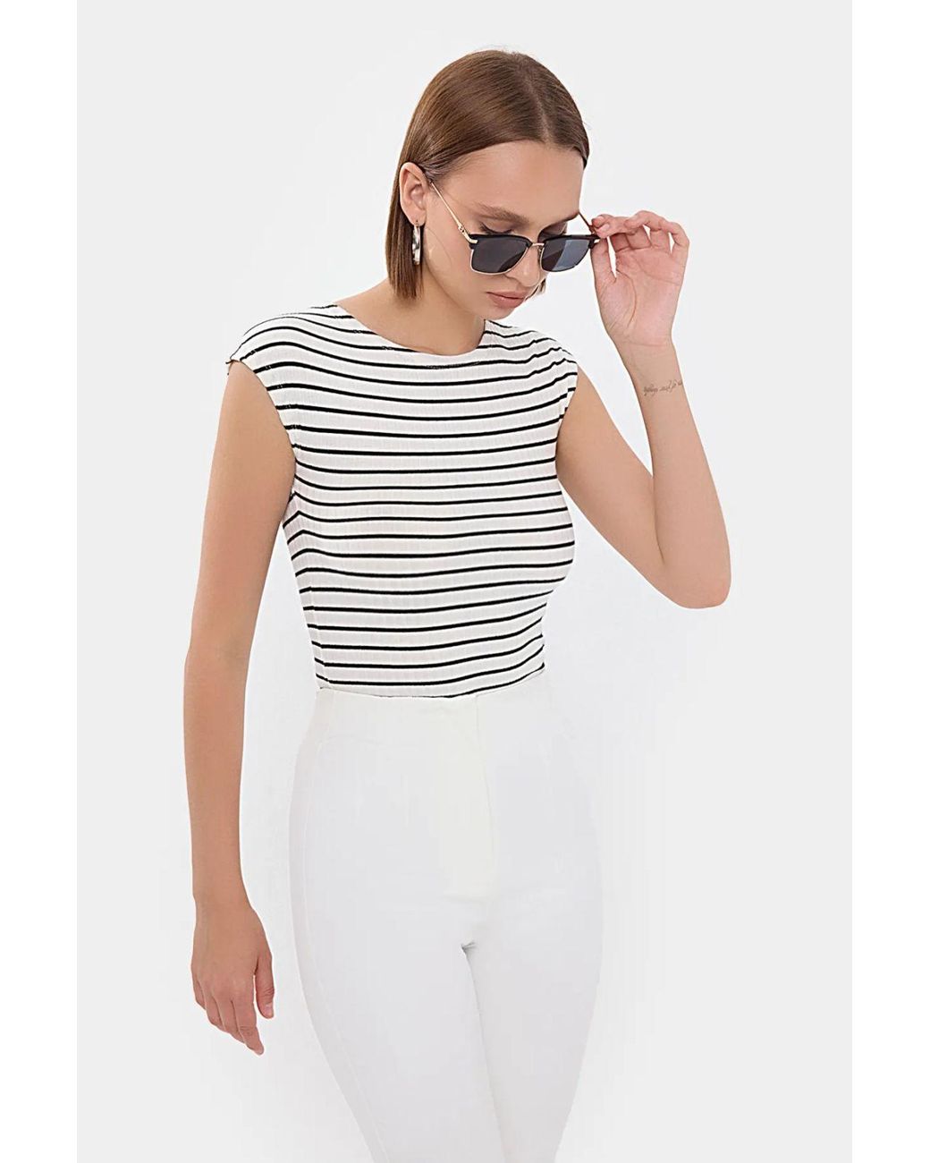 Hiccup White Striped Ribbed Cap-Sleeve Top