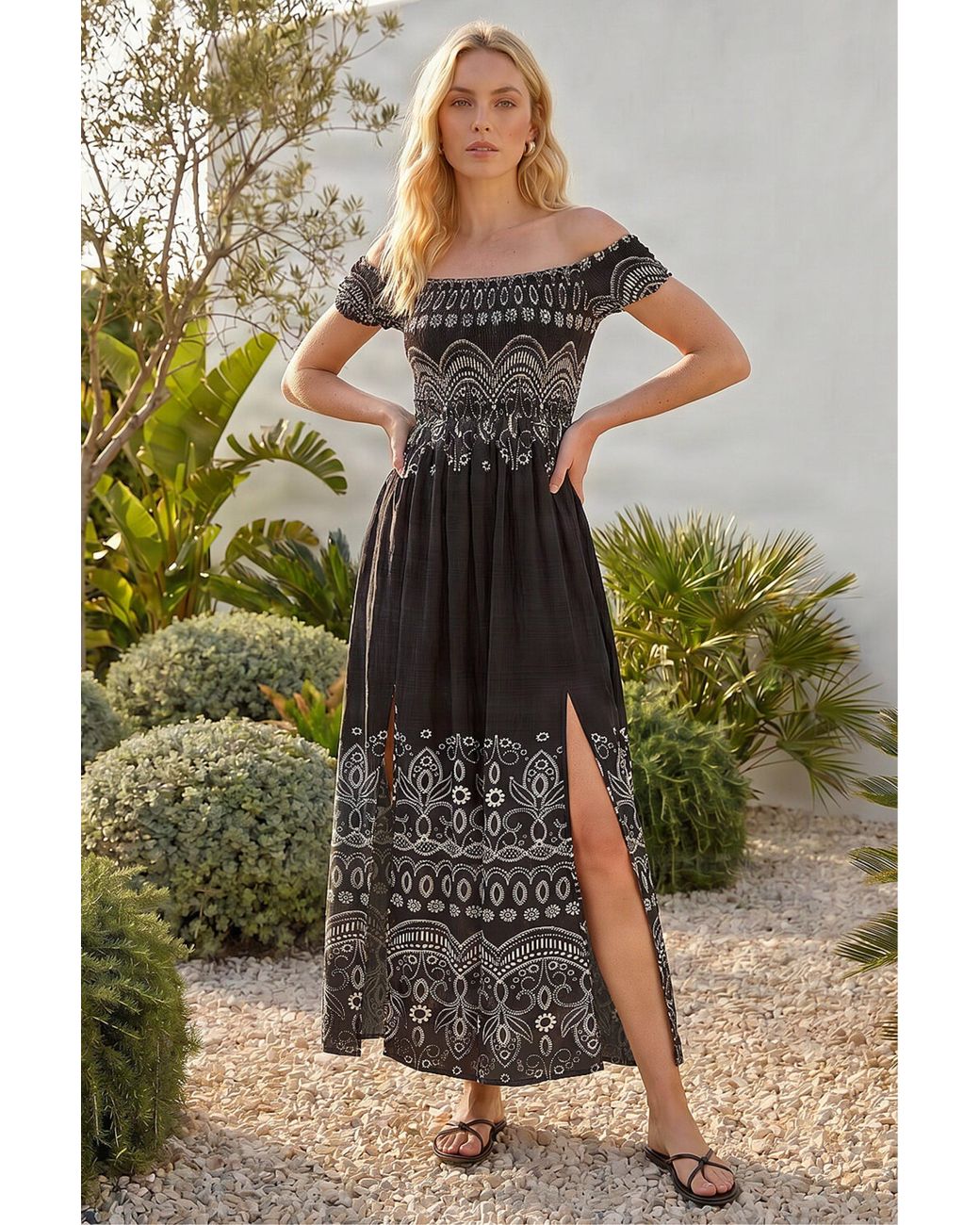 Roman Black Border Print Bardot Shirred Midi Dress