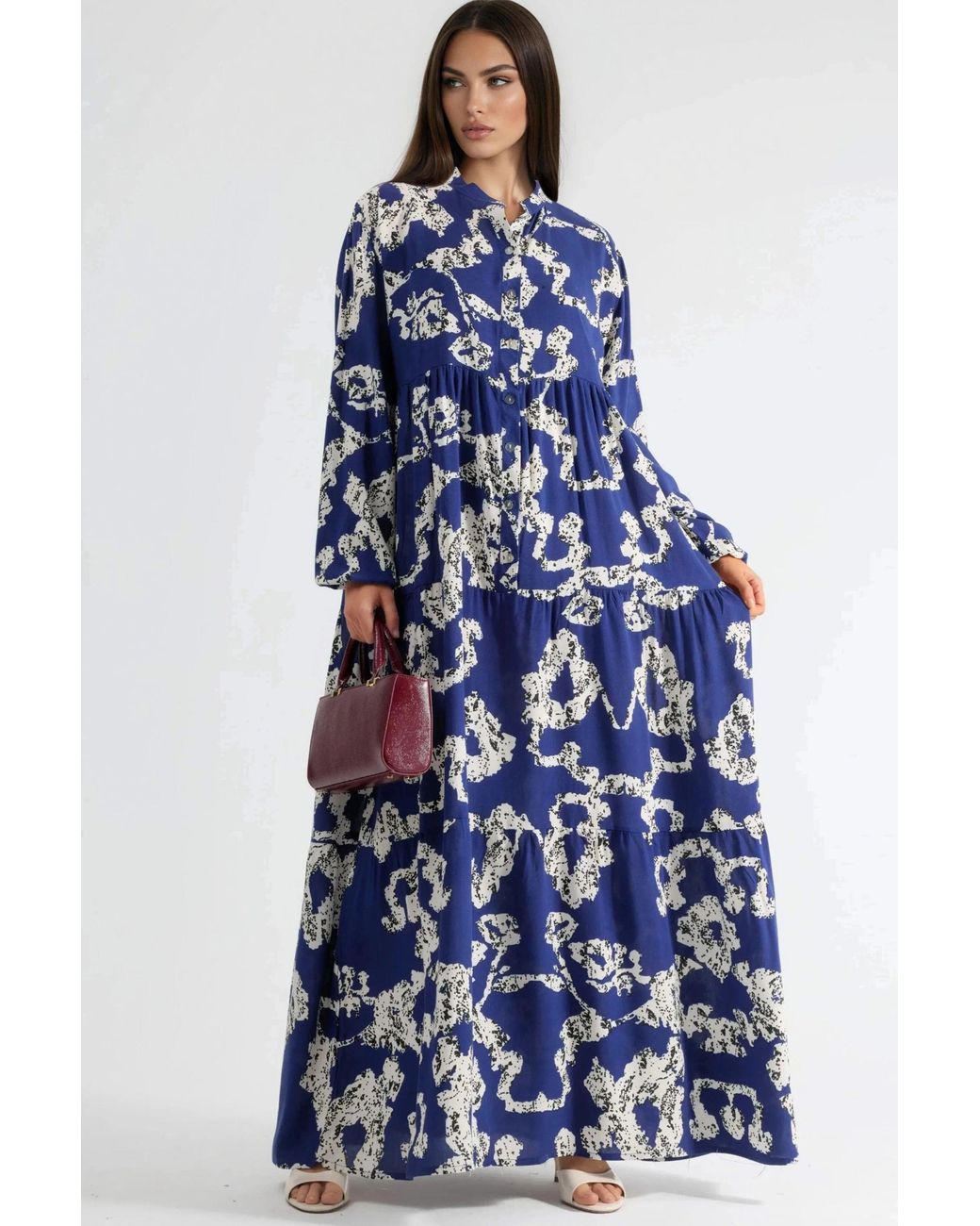 Hiccup Blue V-Neck Patterned Maxi Dress With Buttons
