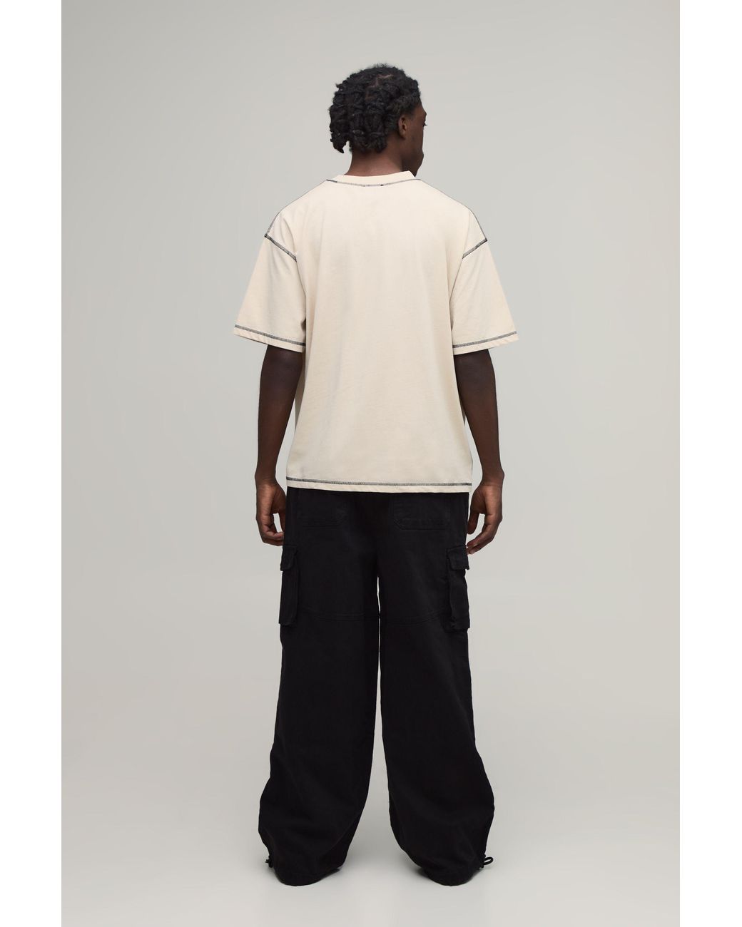BoohooMAN Natural Oversized Exposed Seam Contrast Stitch Embroidered T-Shirt for men