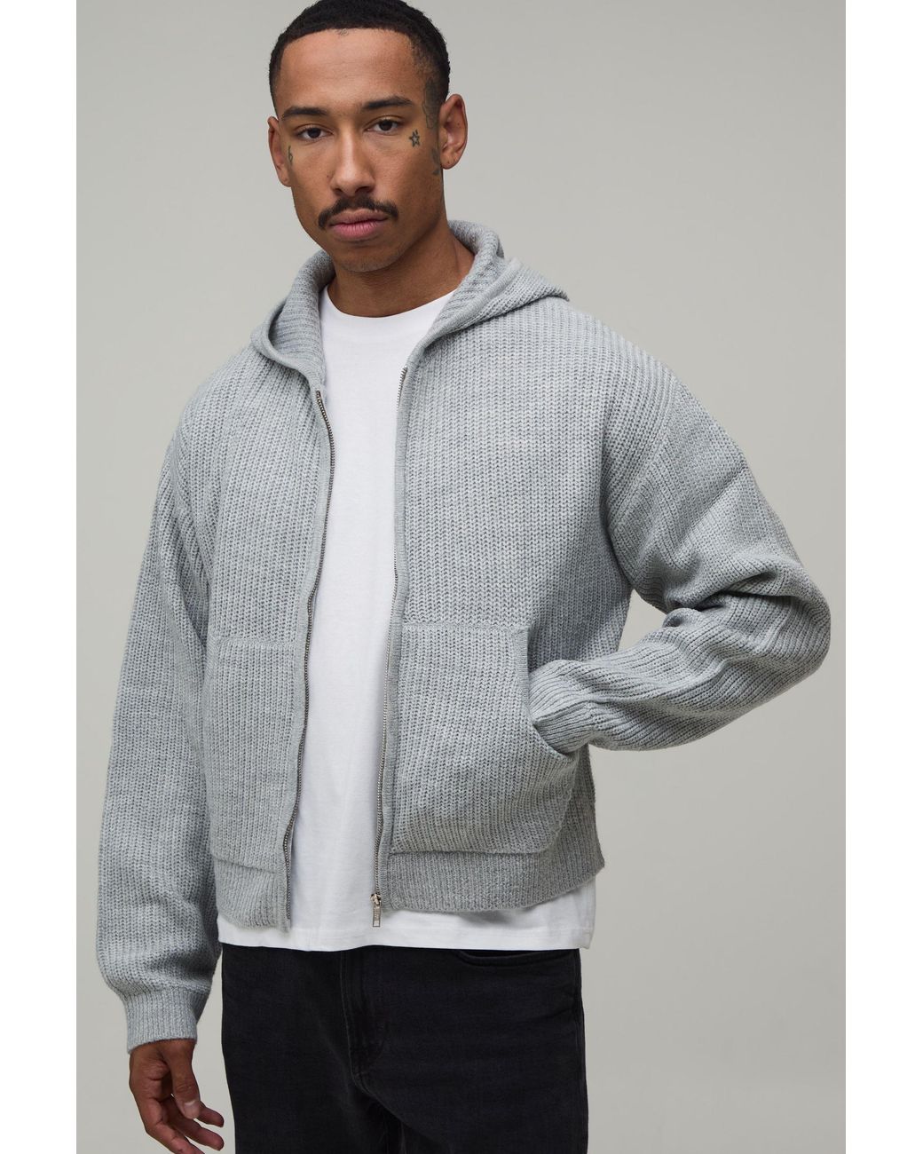 BoohooMAN Gray Boxy Fit Ribbed Knitted Hoodie for men