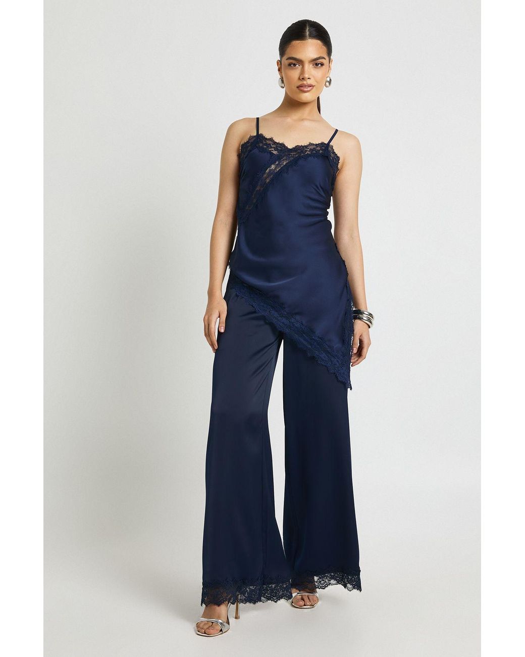 Boohoo Blue Satin Lace Trim Wide Leg Trousers