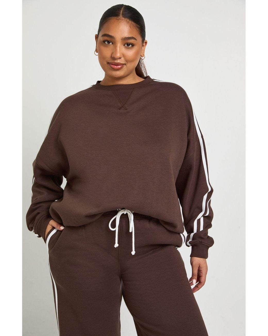 Boohoo Brown Plus Side Stripe Oversized Sweatshirt