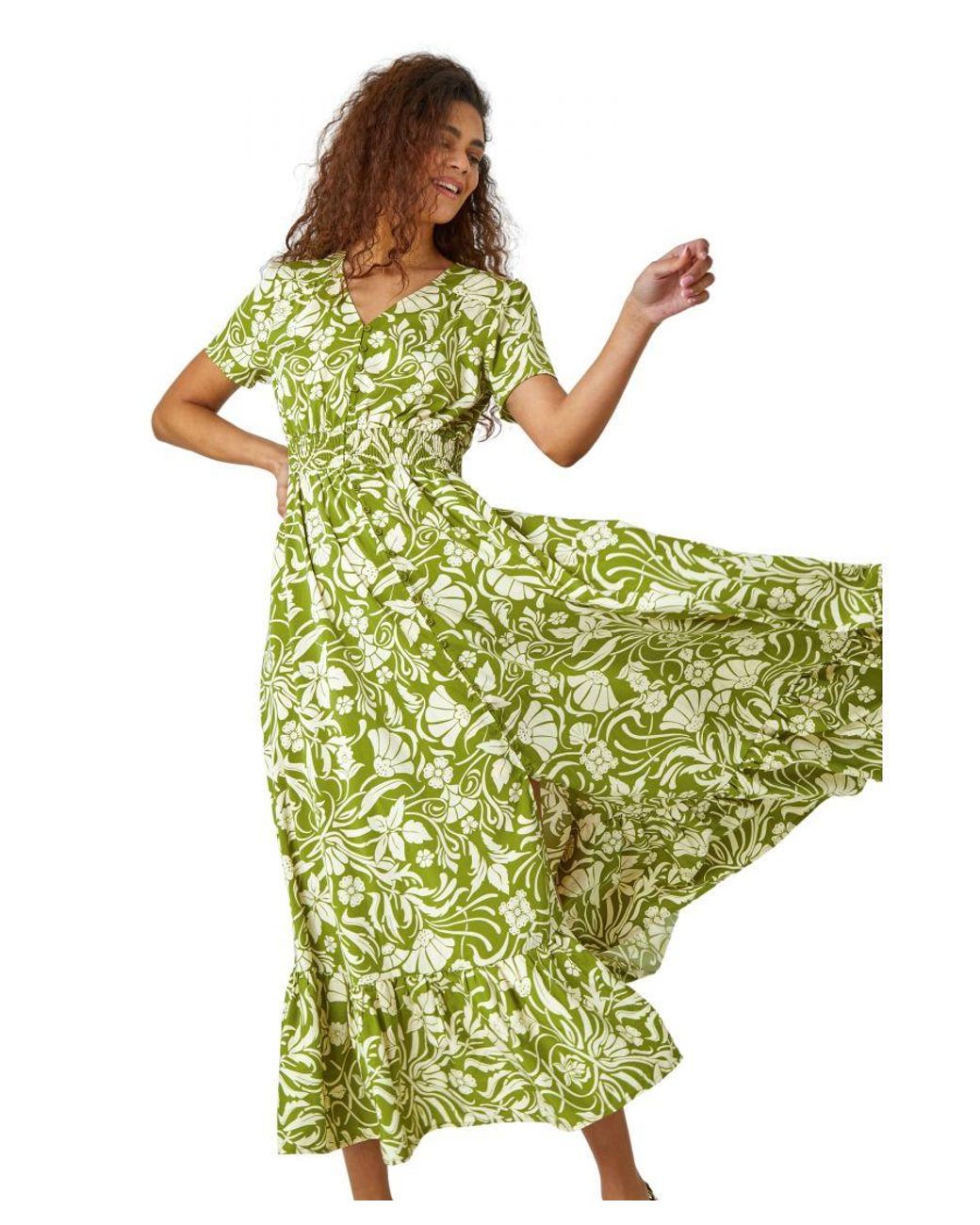 Roman Green Floral Print Button Detail Maxi Dress
