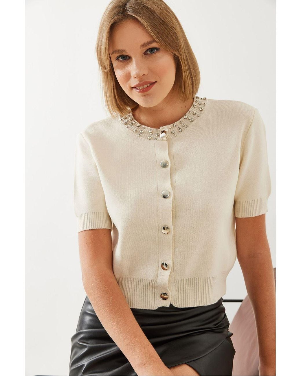 Bianco Lucci Natural Crop Cardigan With Accessory Detail
