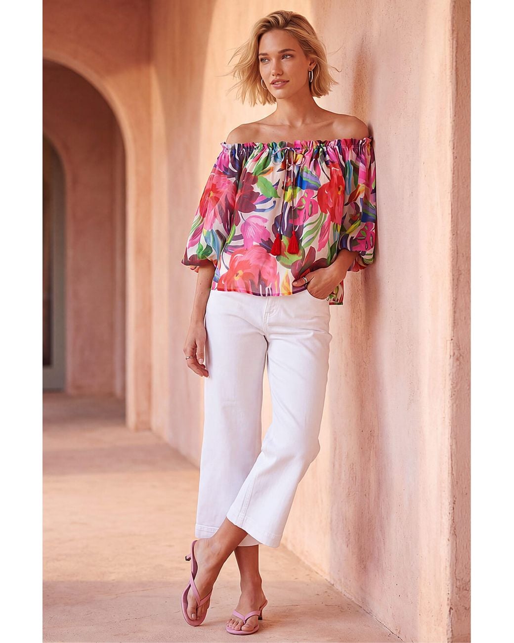 Roman Pink Floral Print Tie Front Bardot Top
