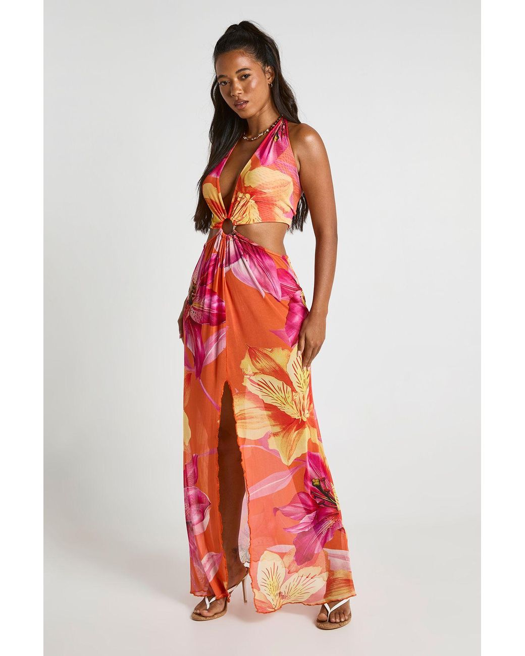 Boohoo Red Floral Print Halter Cut Out Mesh Maxi Beach Dress