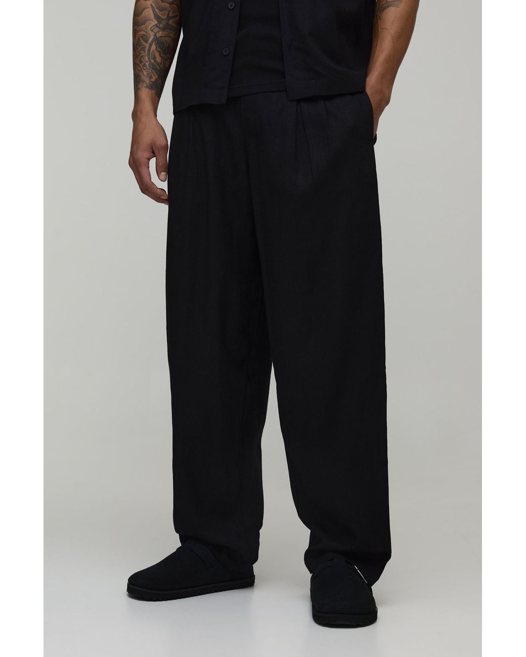 BoohooMAN Black Balloon Fit Linen Blend Half & Trouser for men