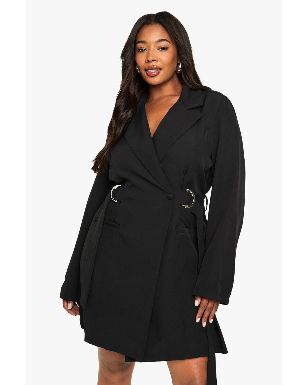 Boohoo Black Plus D-Ring Cinched Waist Blazer Dress