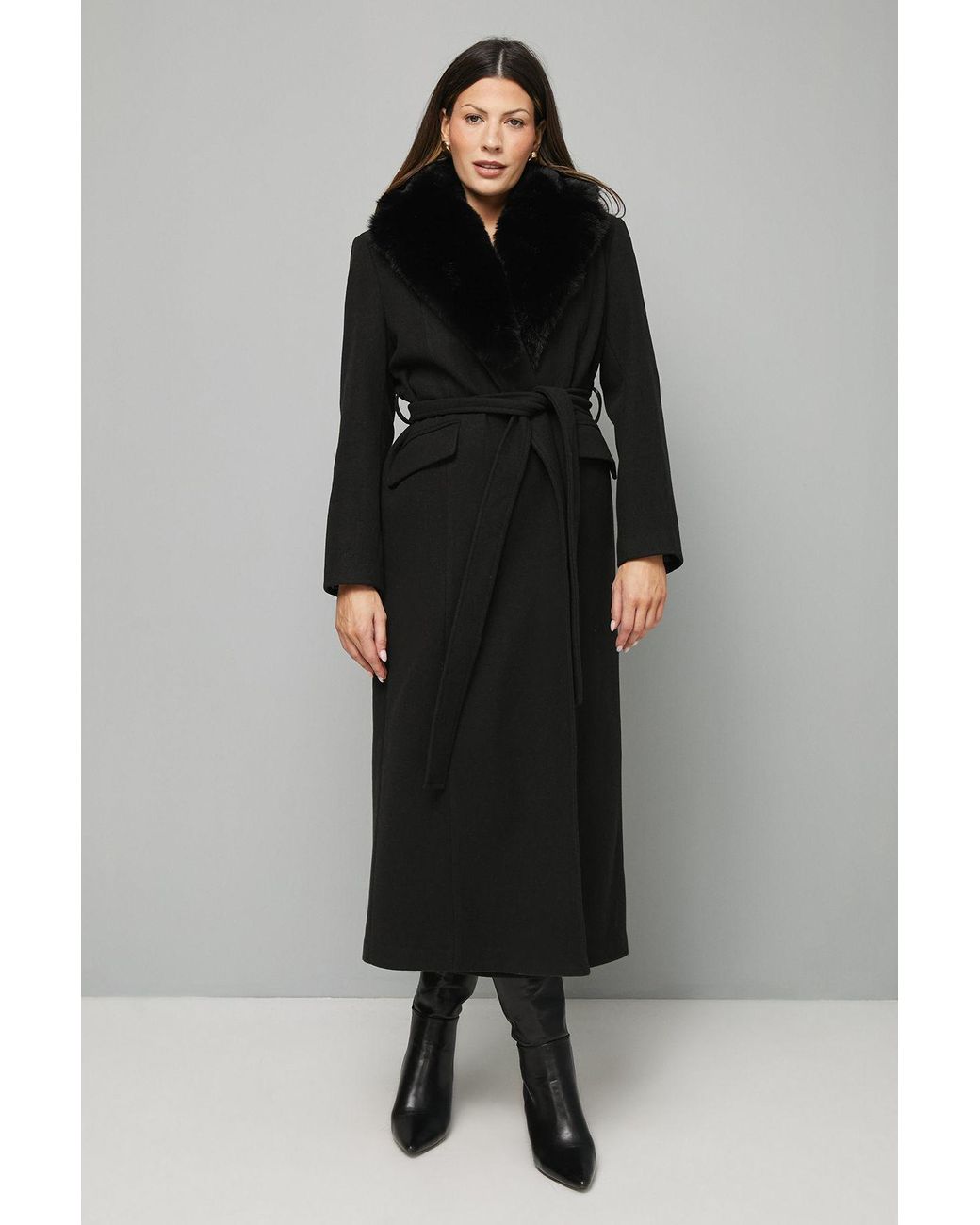 Wallis Faux Fur Collar Tie Belt Coat in Black Lyst UK
