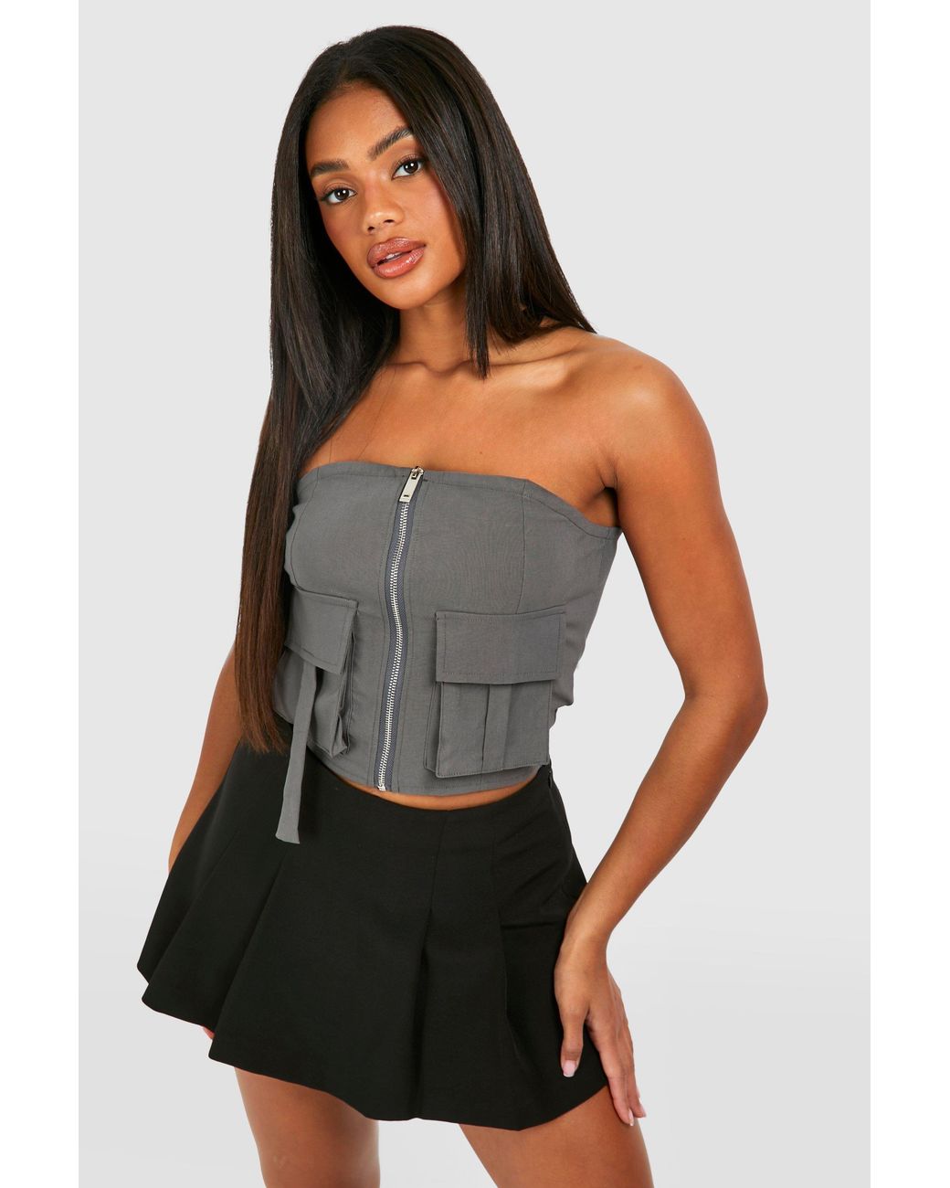 Boohoo Gray Bengaline Utility Pocket Zip Through Corset