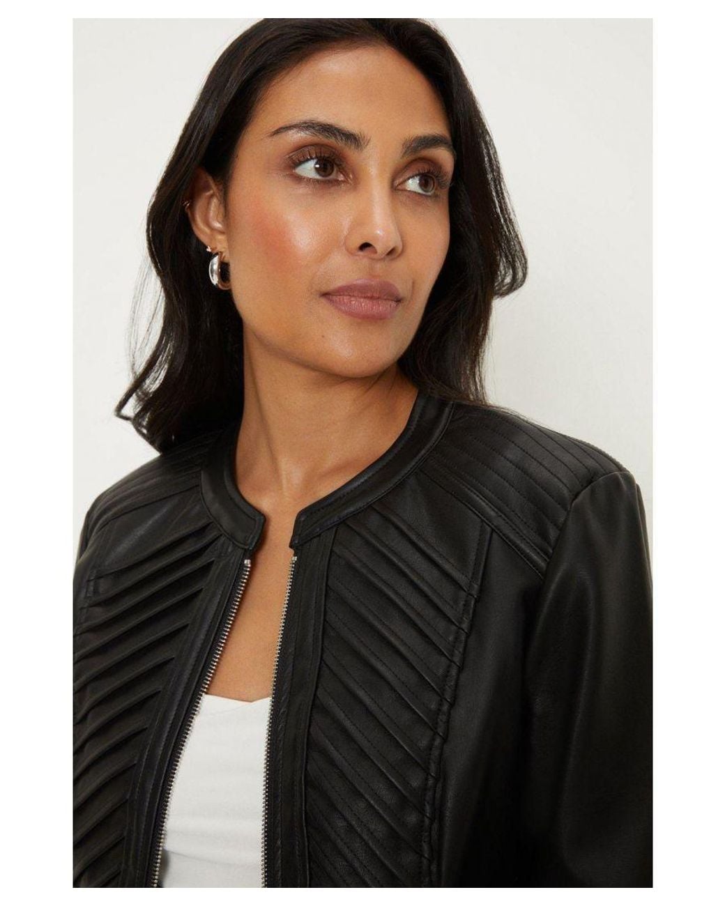 Wallis Black Petite Faux Leather Pleat Detail Jacket