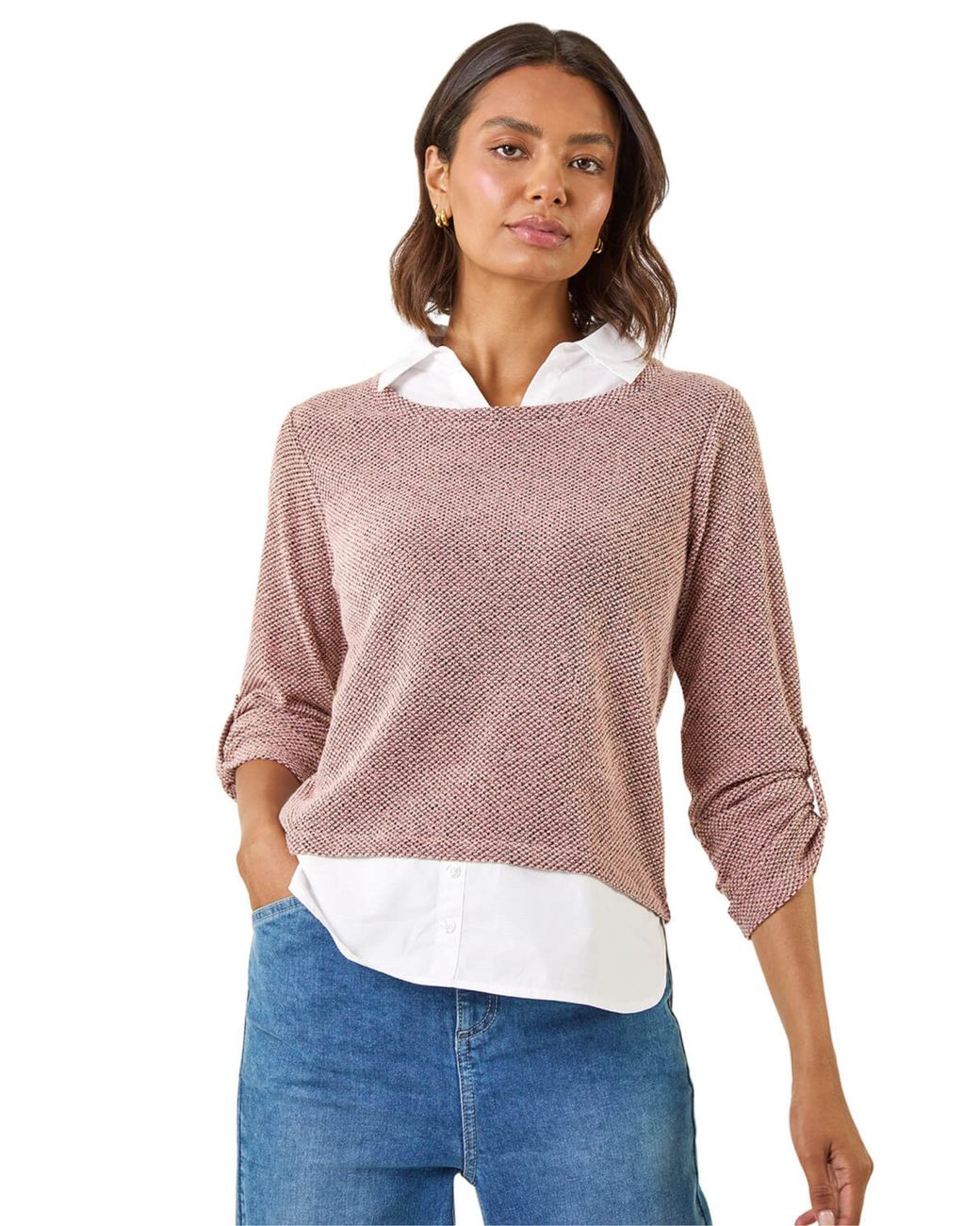Roman Pink Mock Shirt Textured Knit Jumper