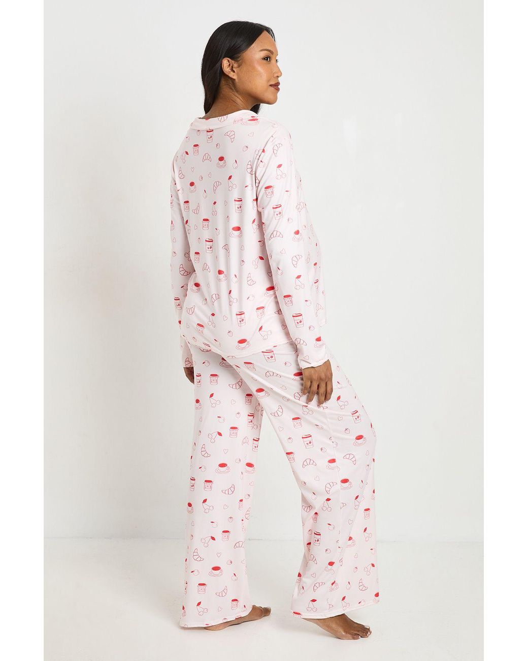 Boohoo Pink Maternity Croissant And Jam Long Sleeve And Trouser Pyjama Set
