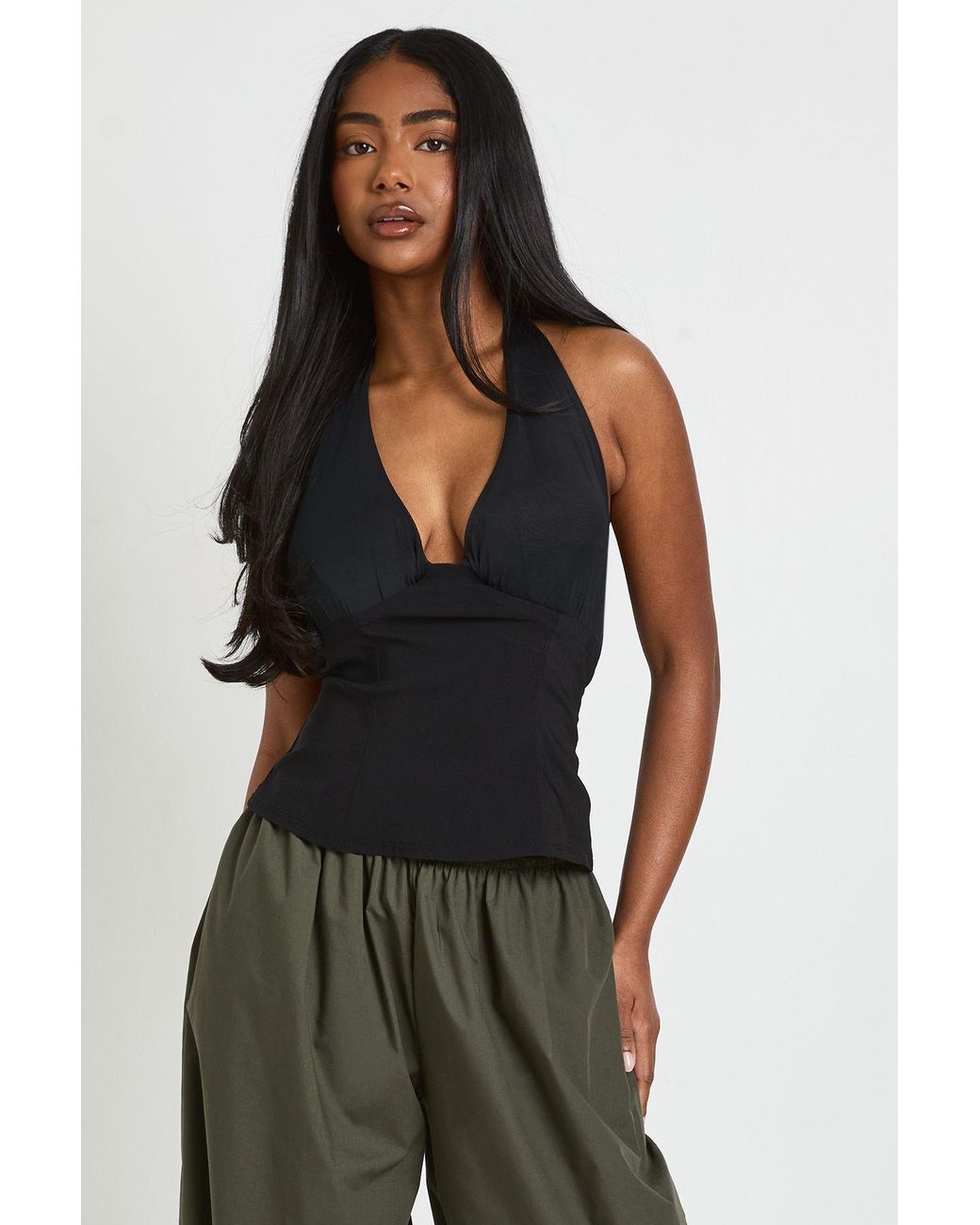 Boohoo Black Mesh Halterneck Bengaline Top