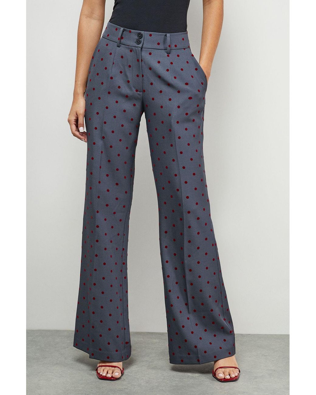 Warehouse Blue Burgundy Velvet Spot High Waist Deep Waistband Trouser Co-Ord