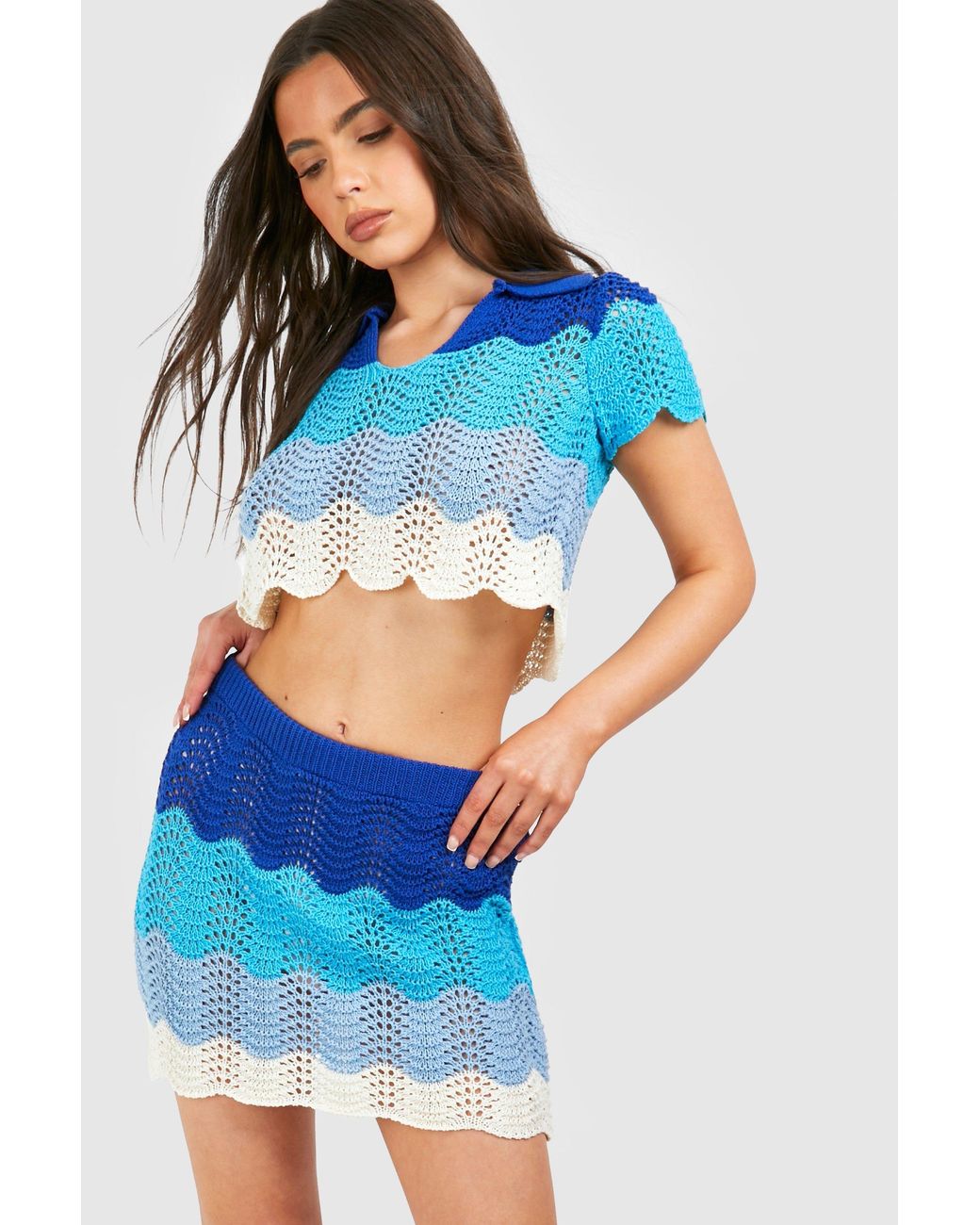 Boohoo Blue Petite Crochet Collard Top