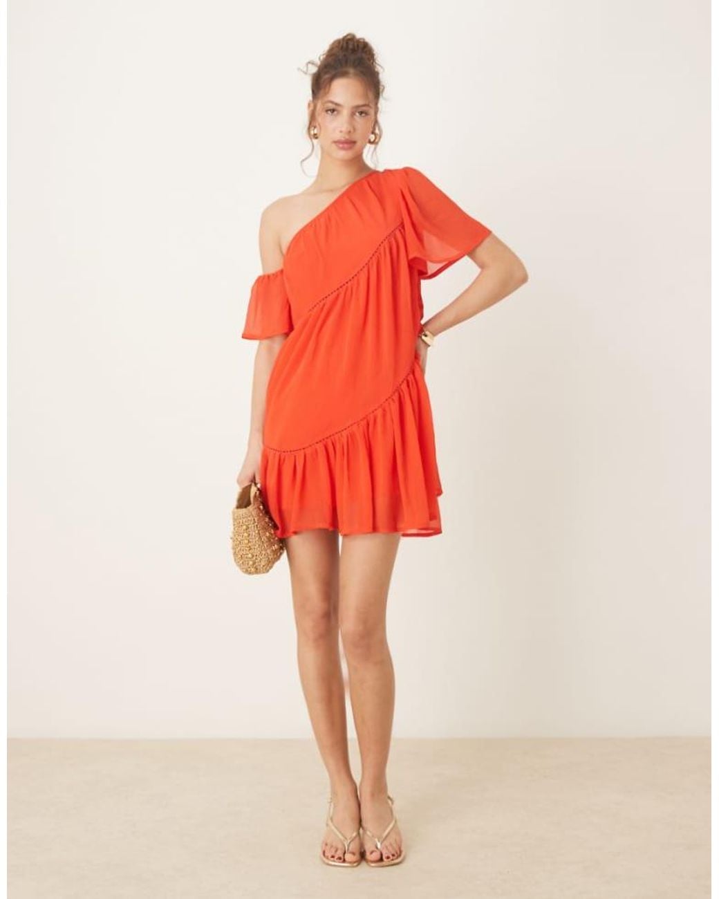 ASOS Red One Shoulder Chiffon Smock Mini Dress With Ladder Trims
