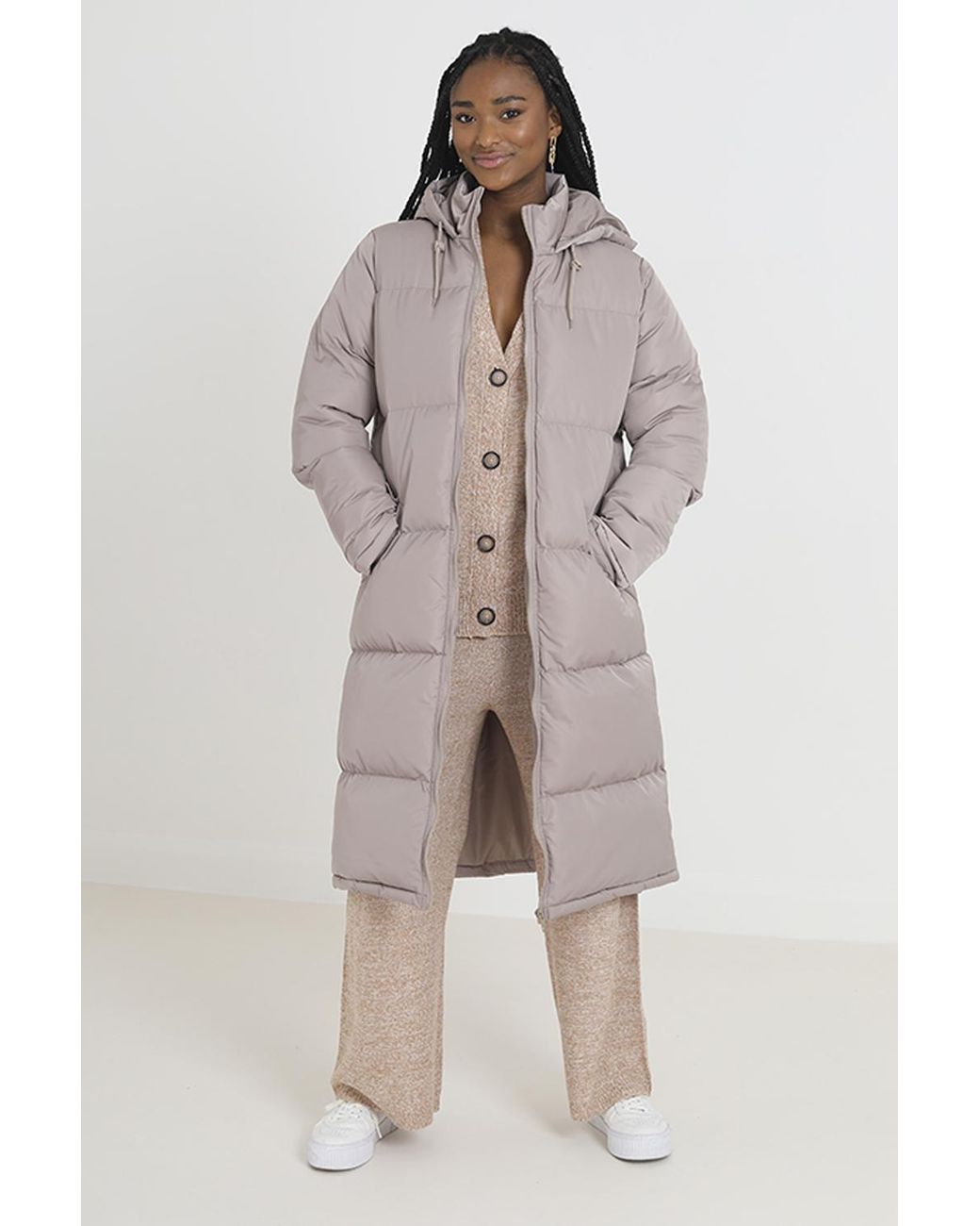 Brave Soul Gray Maxi Length Padded Jacket With Fixed Hood
