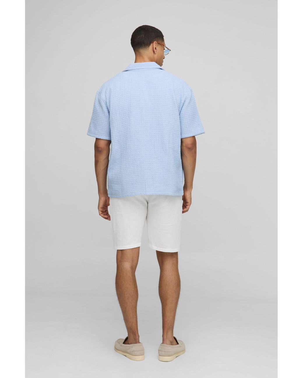 BoohooMAN White Oversized Jumbo Waffle Revere Shirt for men