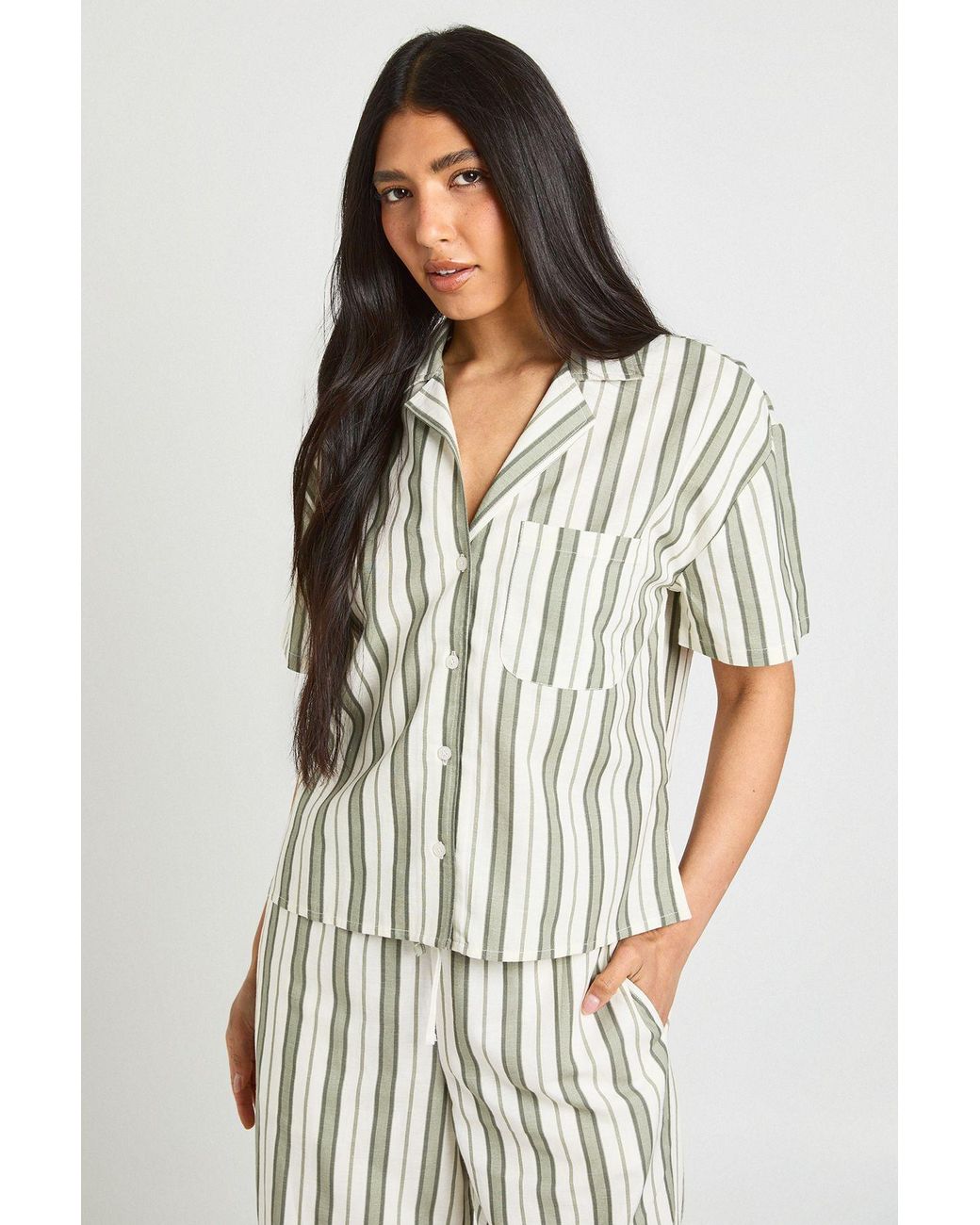 Boohoo Green Tall Premium Linen Stripe Short Sleeve Shirt
