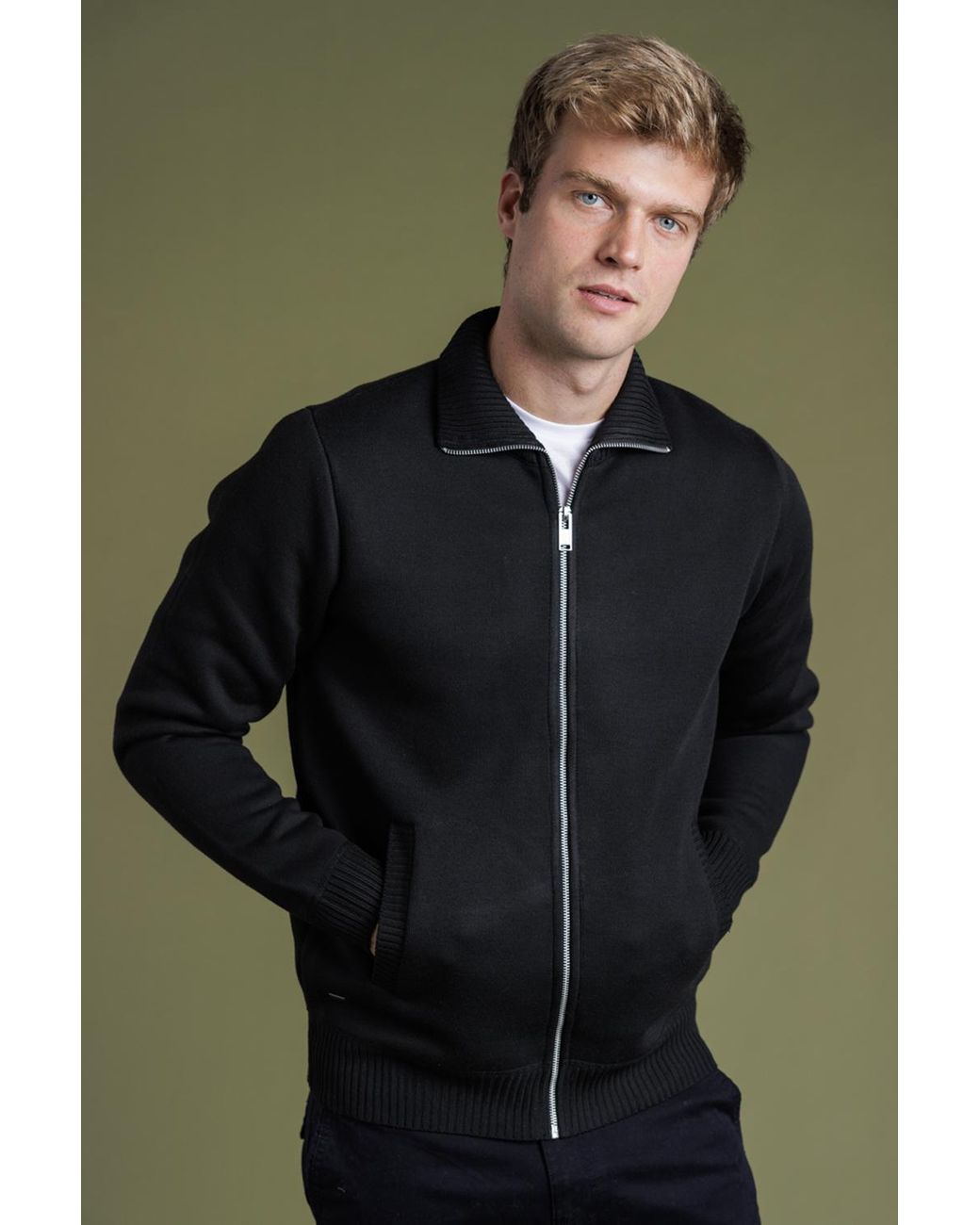Kensington Eastside Black Zip-Through Cardigan With Fleece Lining for men