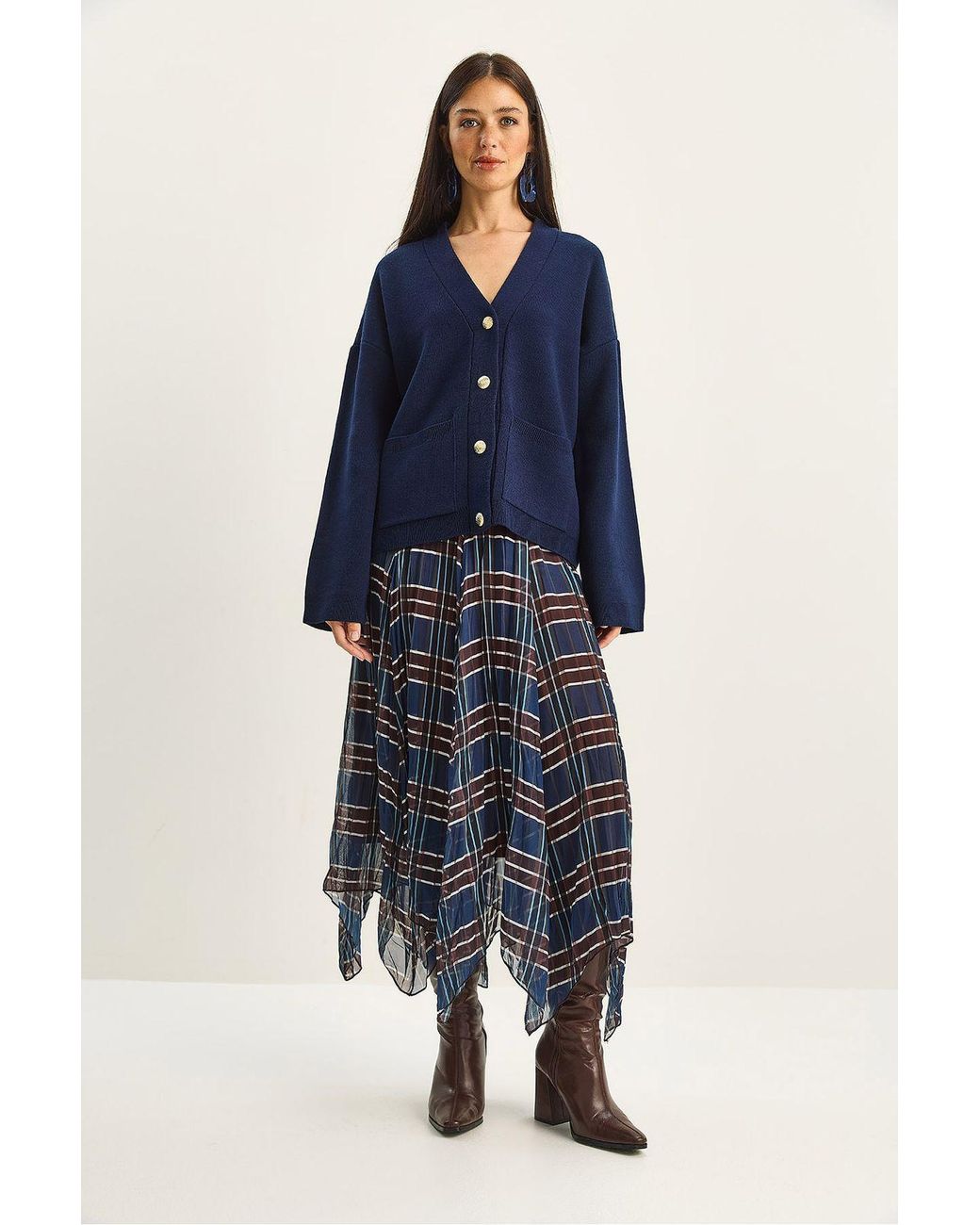 Bianco Lucci Blue Lined Checkered Midi Skirt