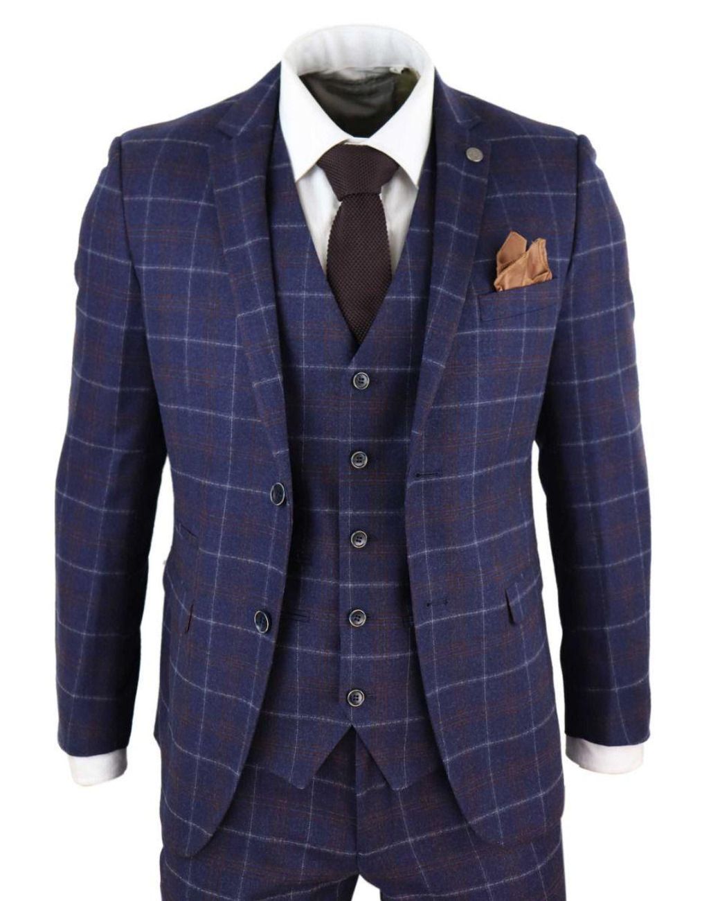 Paul Andrew Blue 3 Piece Wool Check Retro Suit Tweed for men