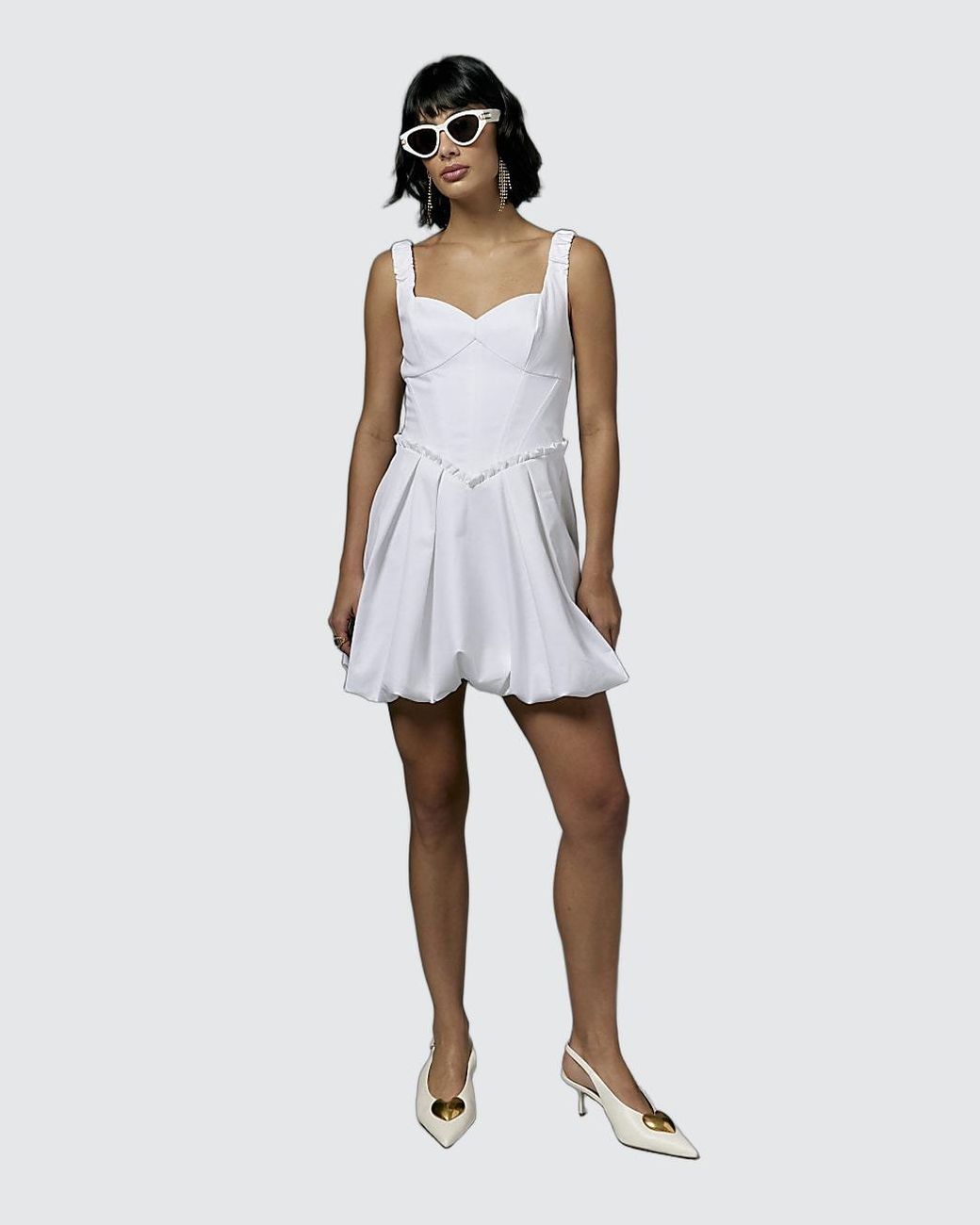 River Island White Dress Premium Satin Bubble Hem Cotton