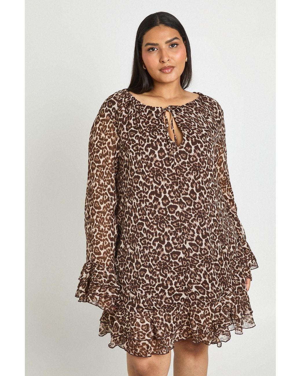Boohoo Brown Plus Dot Chiffon Smock Dress