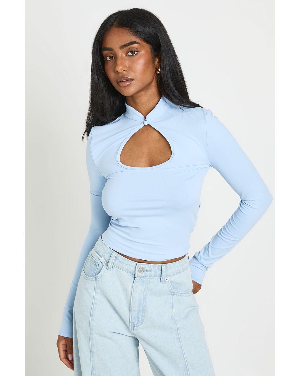 Boohoo Blue Long Sleeve Keyhole Top