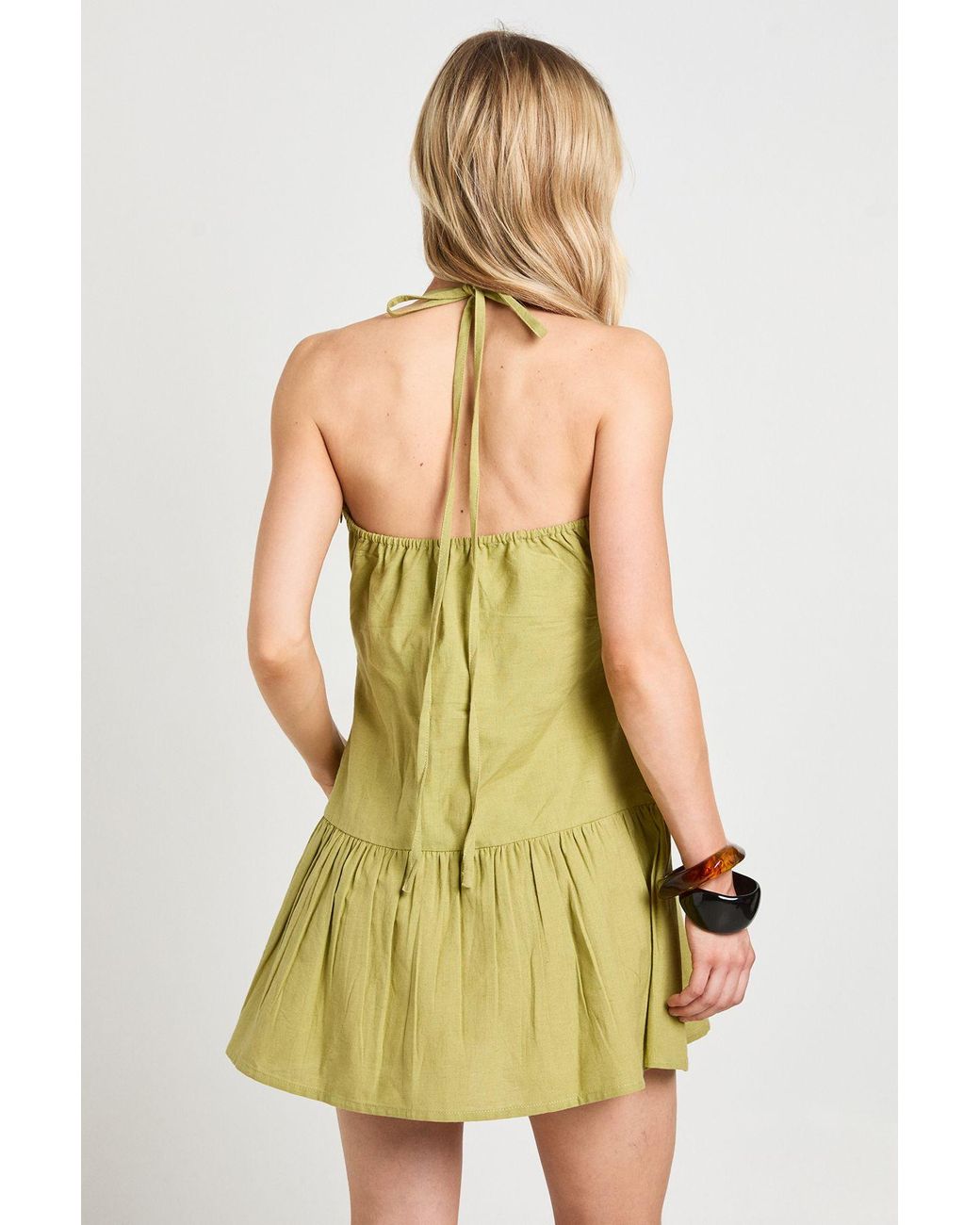 Boohoo Yellow Petite Linen Beaded Drop Waist Mini Dress