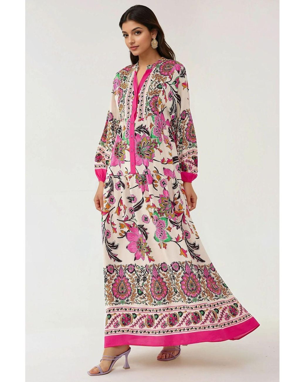 Hiccup Pink Printed Long Sleeve Viscose Maxi Dress