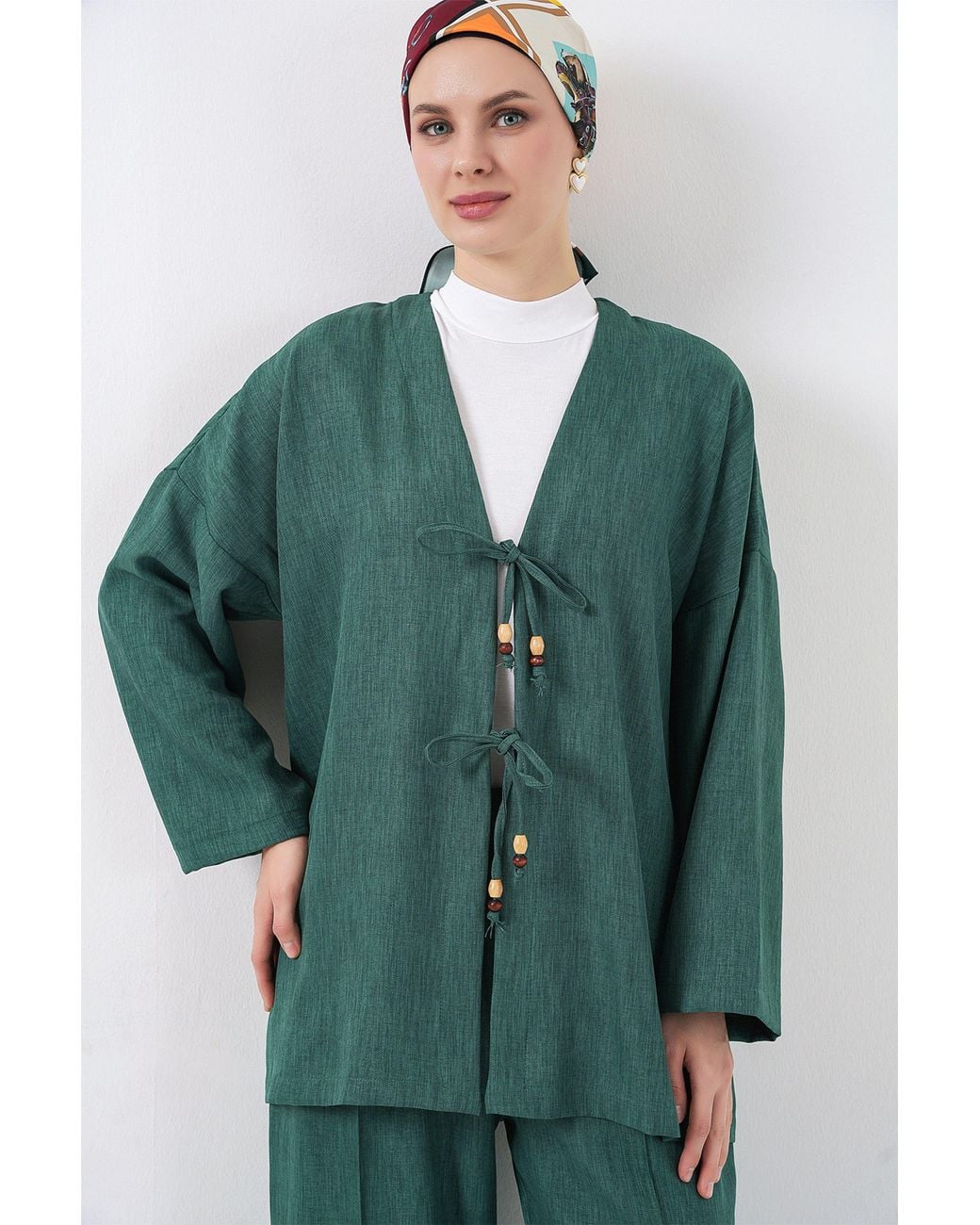 Bigdart Green V-Neck Cardigan And Wide Leg Pants Set
