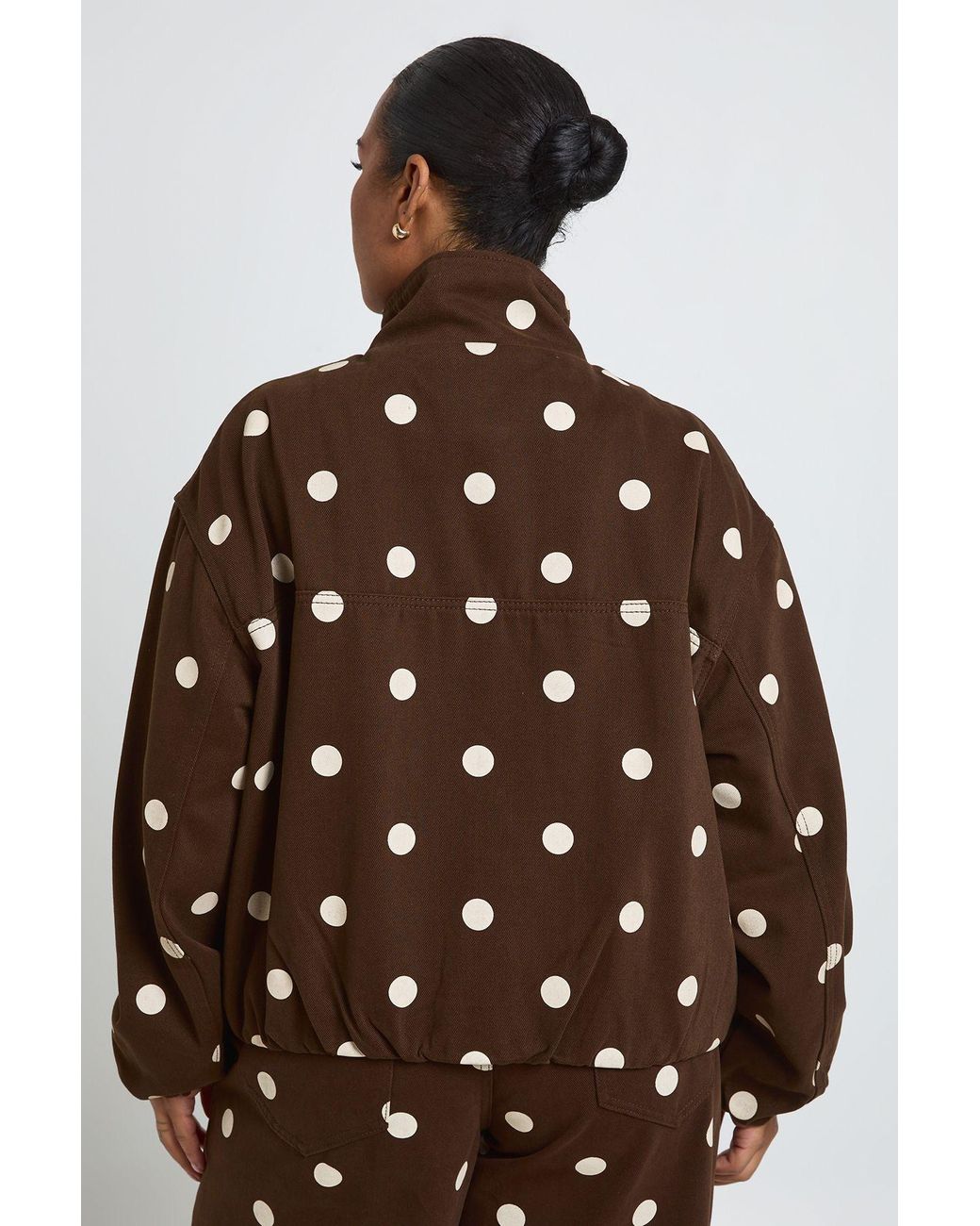 Boohoo Brown Plus Polka Dot Funnel Neck Denim Bomber Jacket