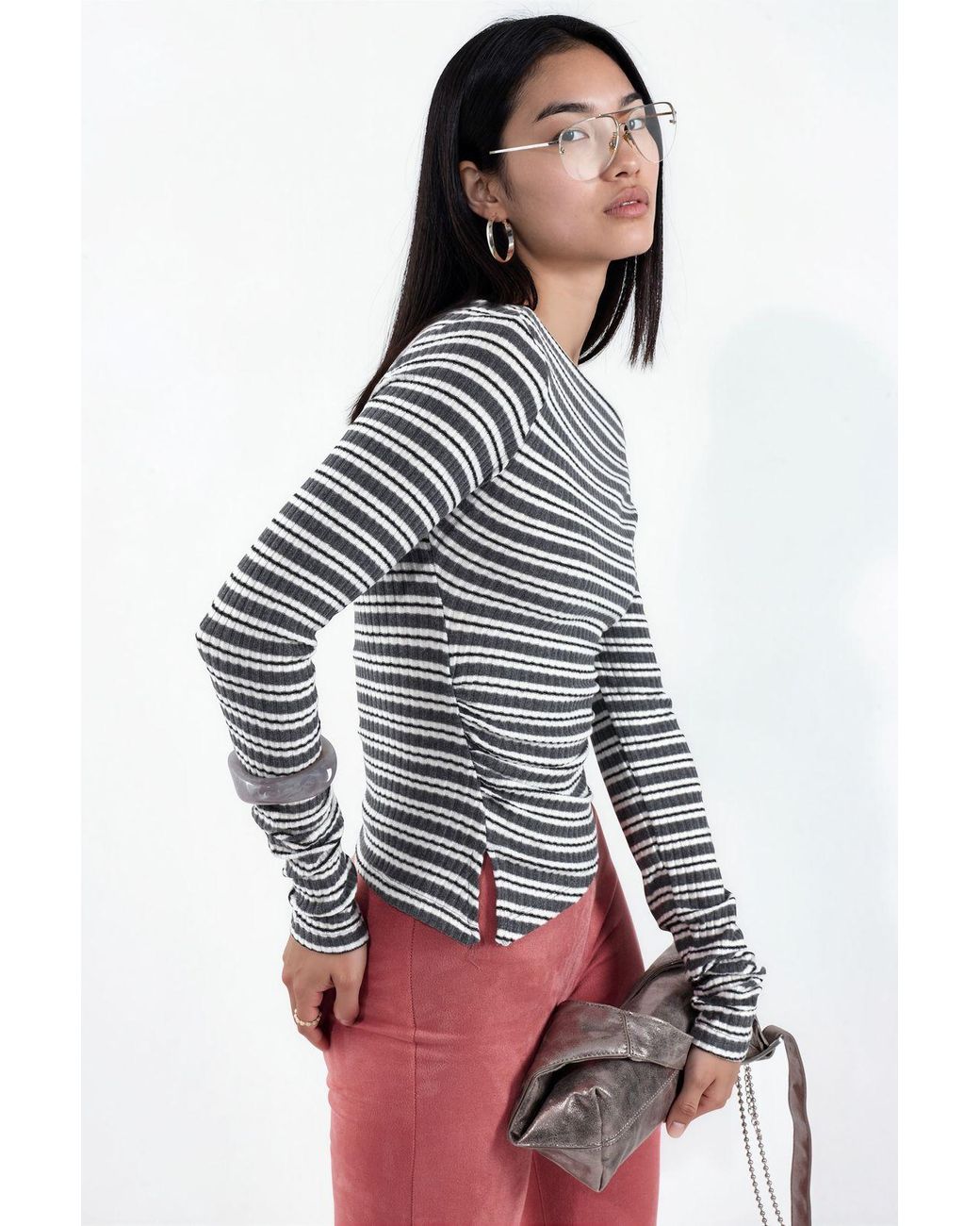 Busem Gray Striped Ribbed Boat Neck Top