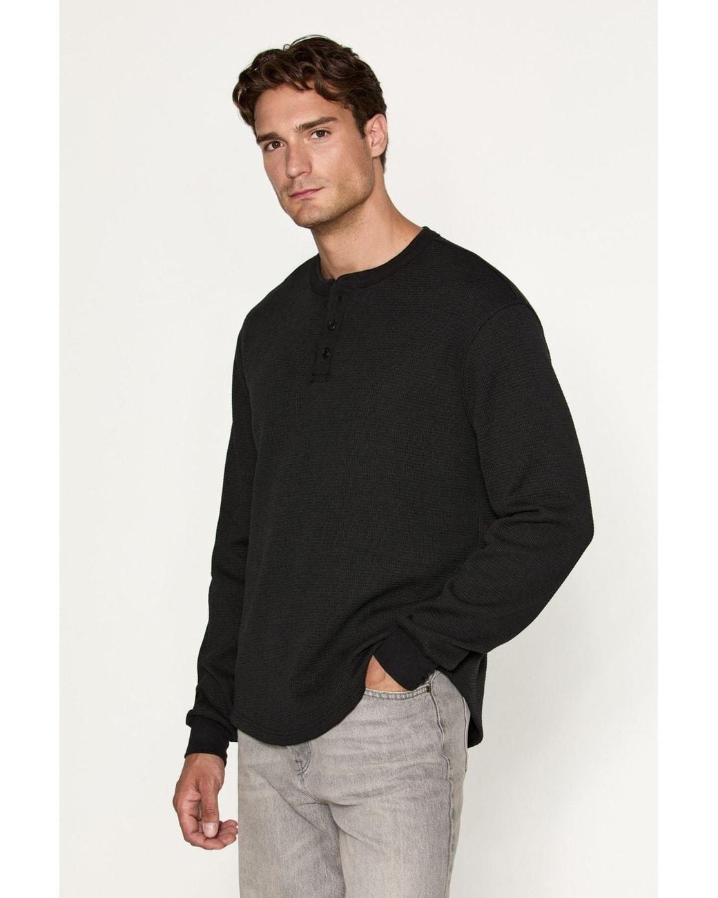 Grimelange Black Button Crew Neck Sweatshirt for men