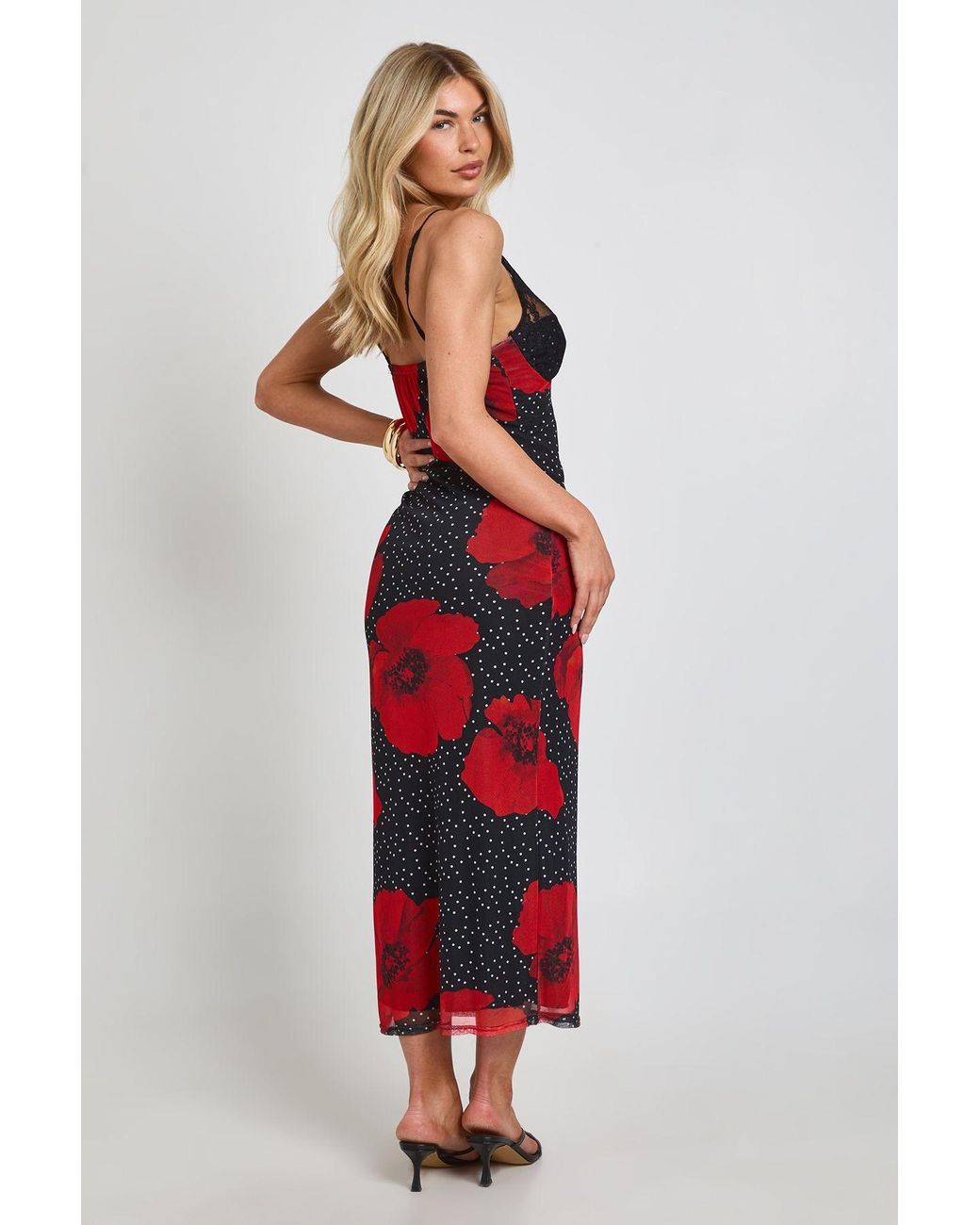 Boohoo Red Polka Dot Floral Print Bodycon Dress With Lace Cup Detail