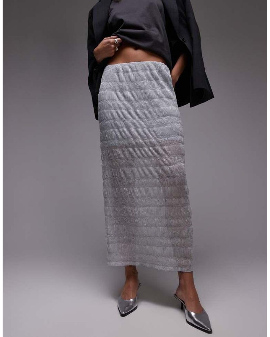 TOPSHOP Gray Sheer Crinkle Midi Skirt
